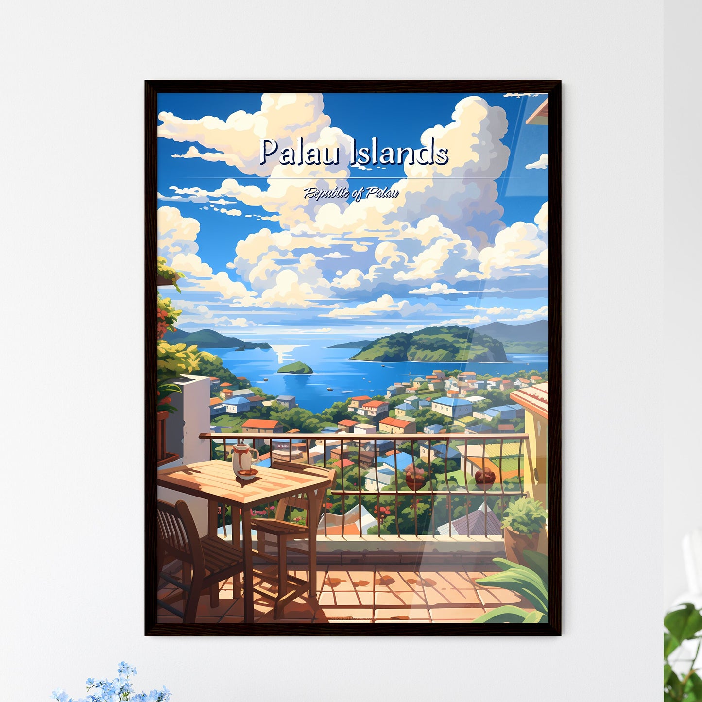 On the roofs of Palau Islands, Republic of Palau - Art print of a balcony overlooking a body of water and a city Framed Art