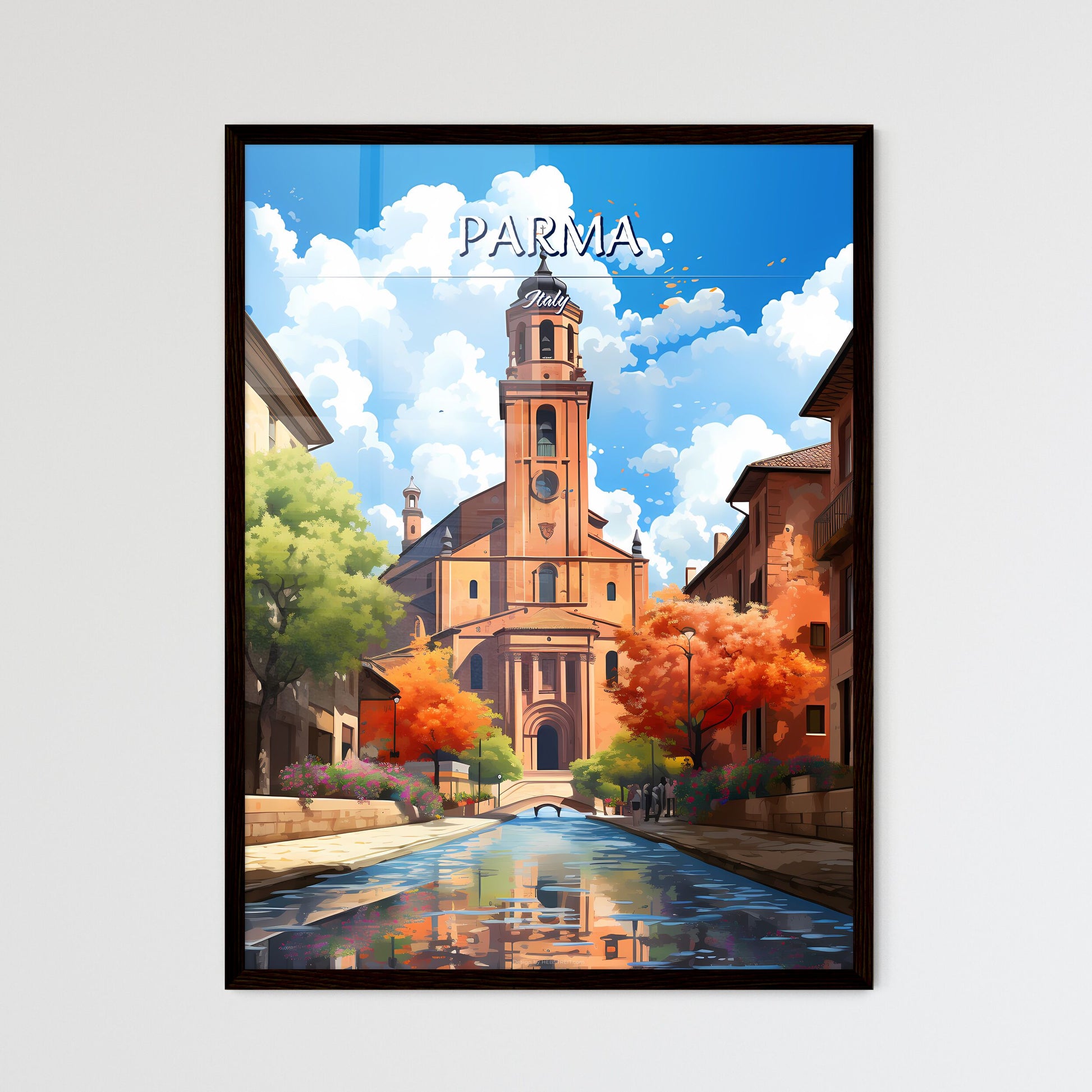 Parma, Italy - Art print of a canal with a building and trees Framed Art