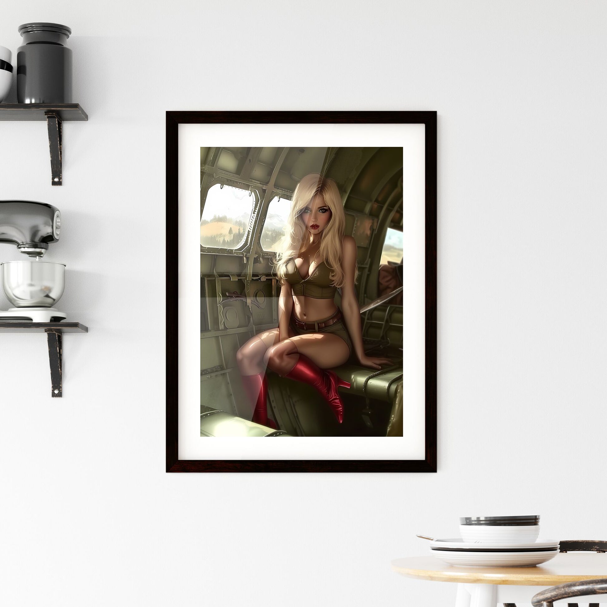 Blonde pin up girl in stockings with red high heels aviation style - Art print of a woman in a military uniform sitting on a green plane Default Title
