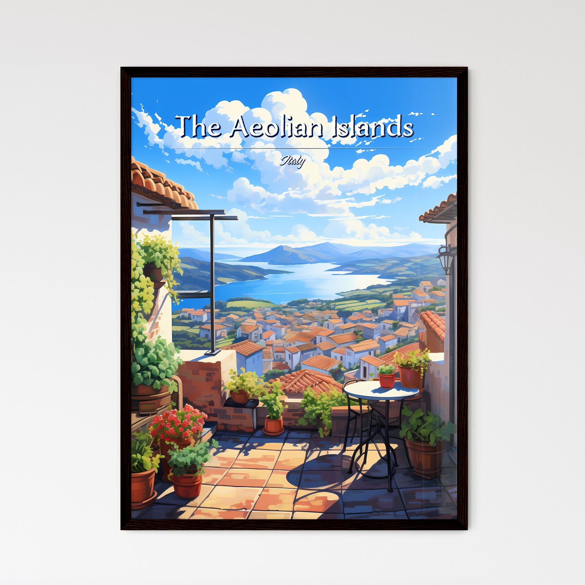 On the roofs of The Aeolian Islands, Italy - Art print of a view of a city from a balcony Framed Art