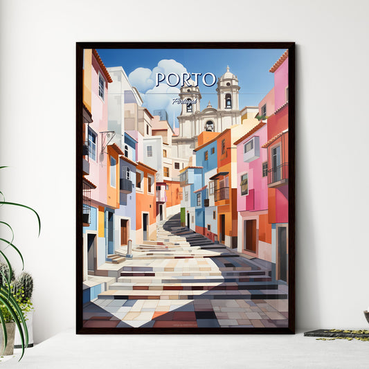 Porto, Portugal - Art print of a colorful alleyway with a church in the background Framed Art