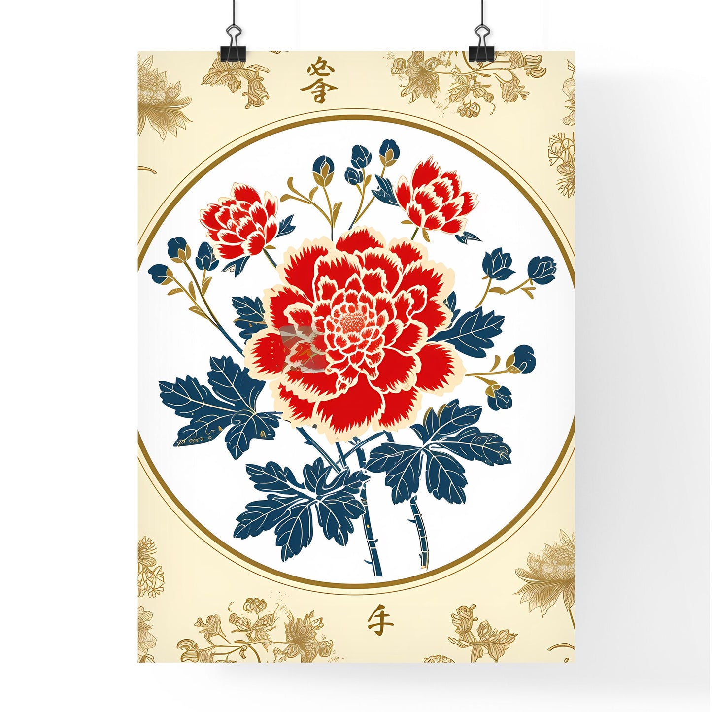 Pattern design, pattern road, Chinese style, ancient style - Art print of a red flower with blue leaves on a white circle Default Title