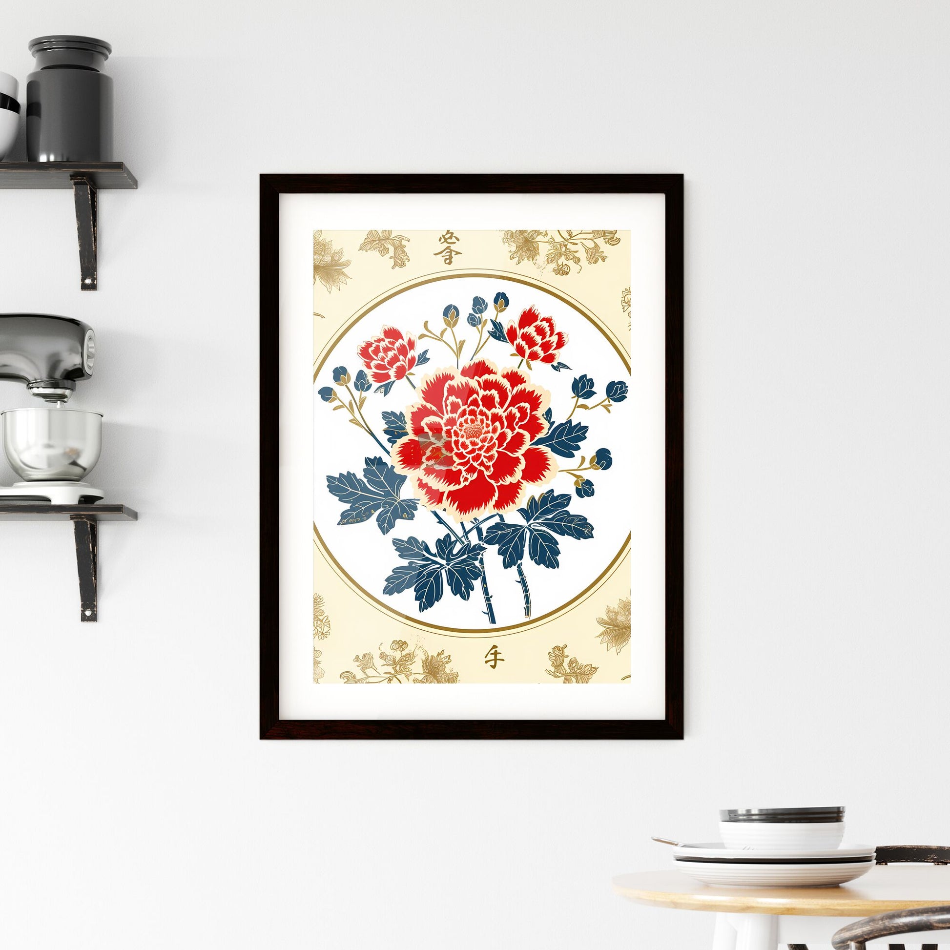 Pattern design, pattern road, Chinese style, ancient style - Art print of a red flower with blue leaves on a white circle Default Title