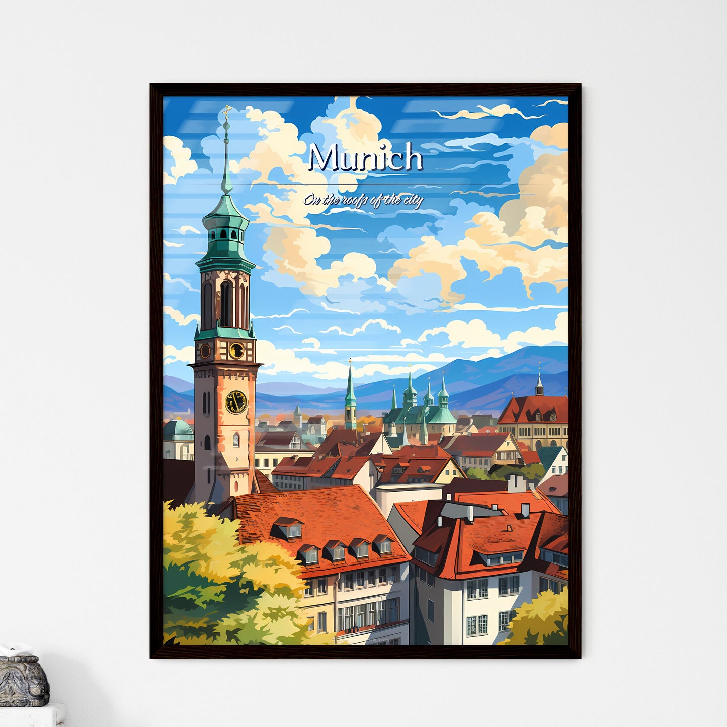 On the roofs of Munich - Art print of a tower with a clock on top of a building Framed Art
