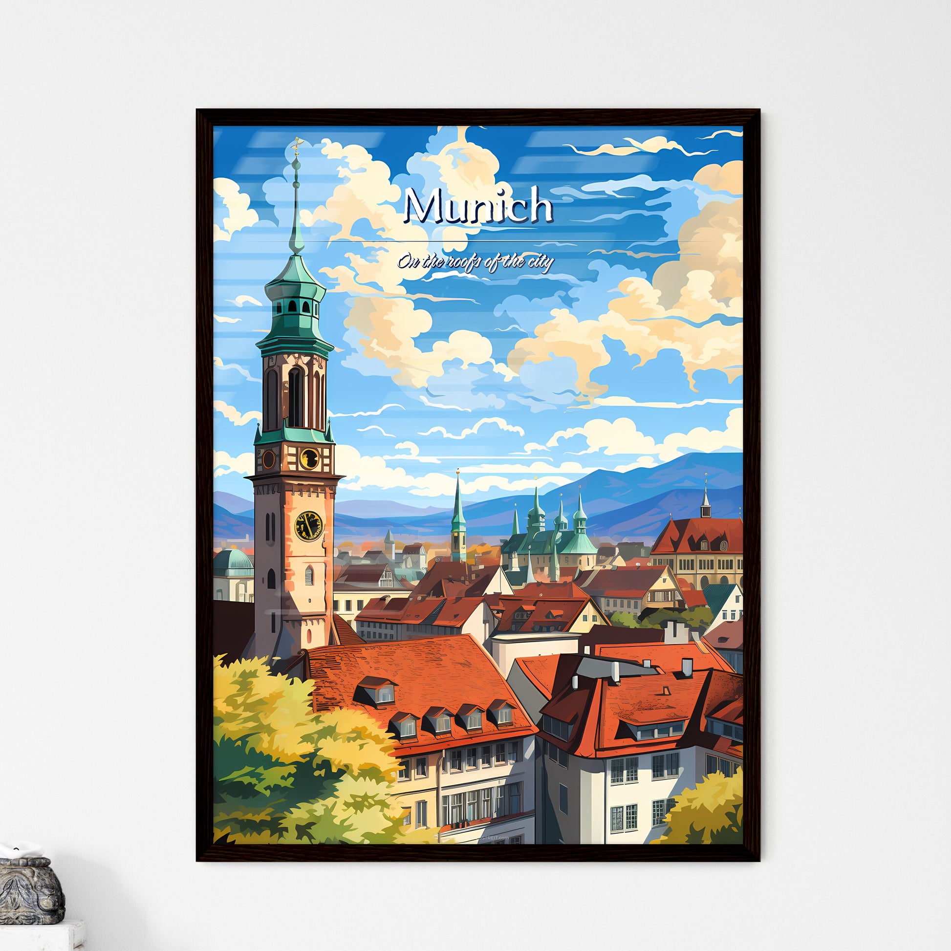 On the roofs of Munich - Art print of a tower with a clock on top of a building Framed Art