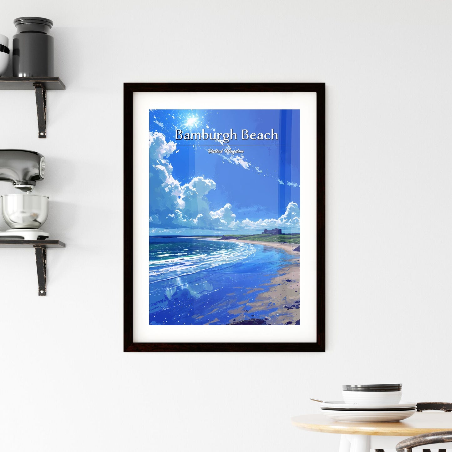 Bamburgh Beach, United Kingdom - Art print of a beach with a castle and blue water Default Title