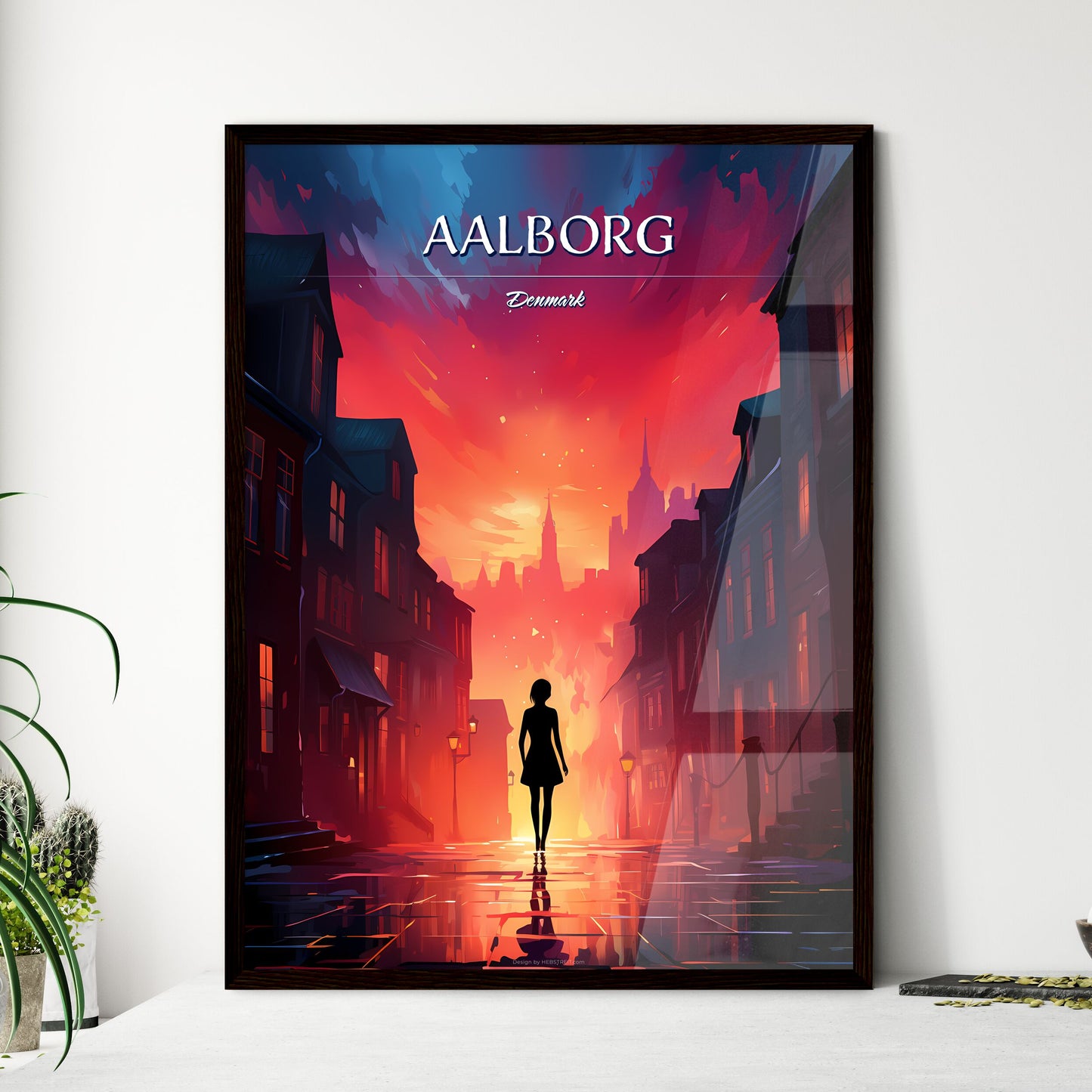 Aalborg, Denmark - Art print of a woman walking in a street with buildings and a red sky Framed Art