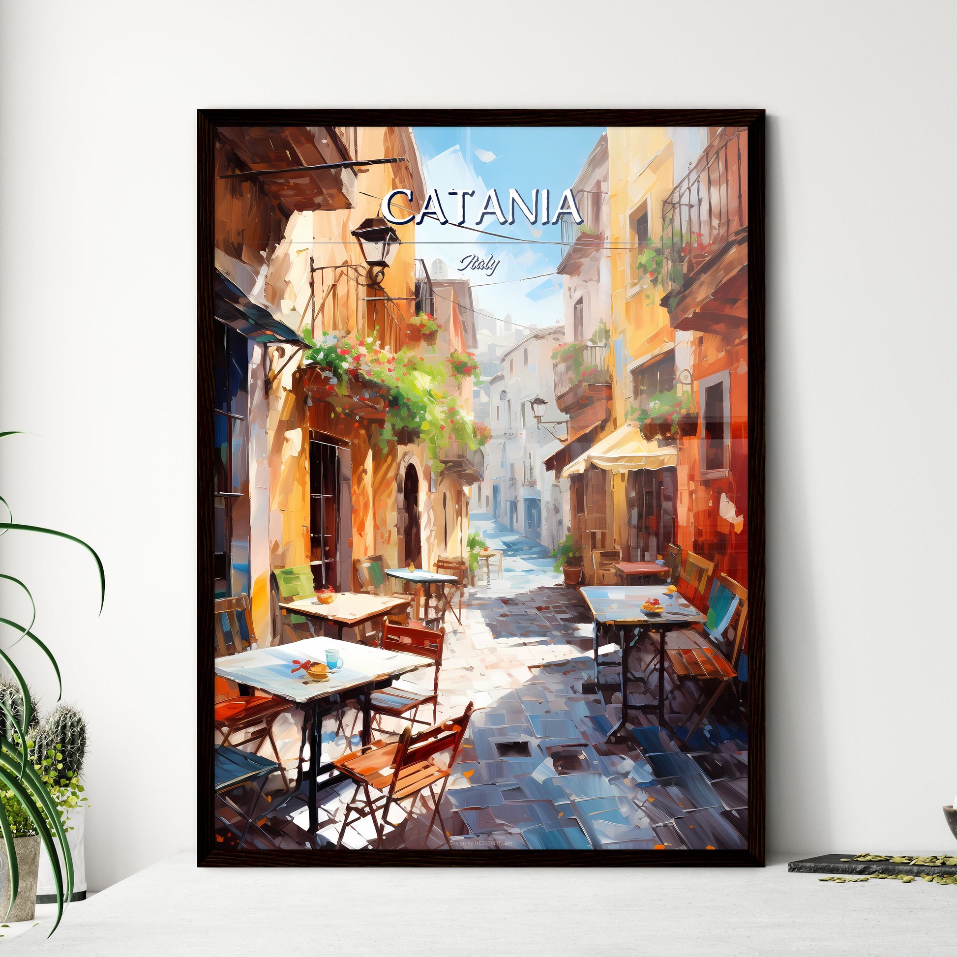 Catania, Italy - Art print of a painting of a street with tables and chairs Framed Art