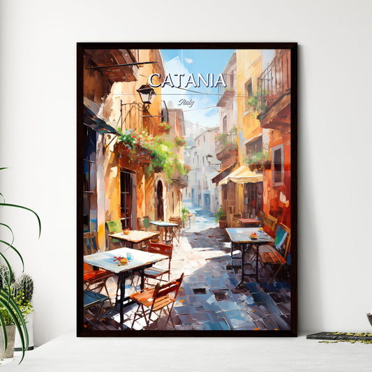 Catania, Italy - Art print of a painting of a street with tables and chairs Framed Art