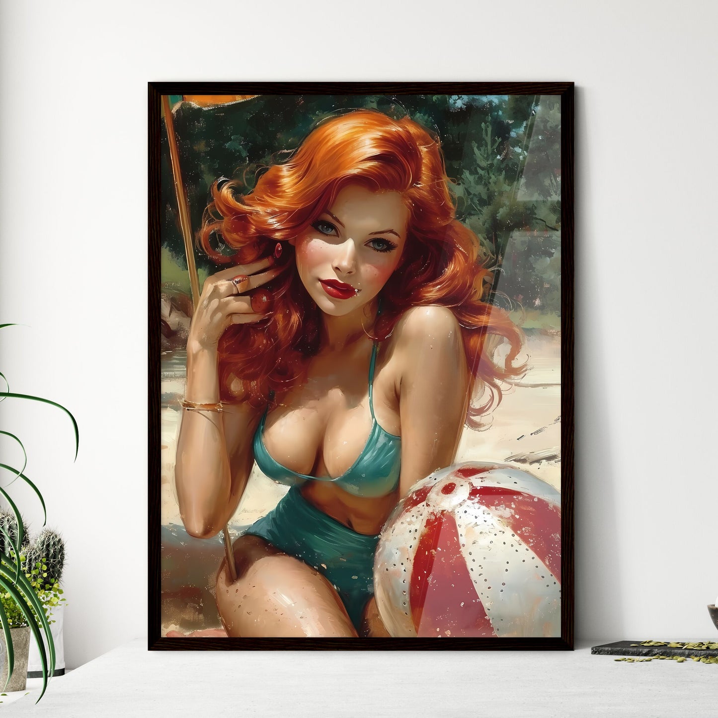 Jessica Rabbit - Art print of a woman in a garment sitting on a beach with a beach ball Default Title