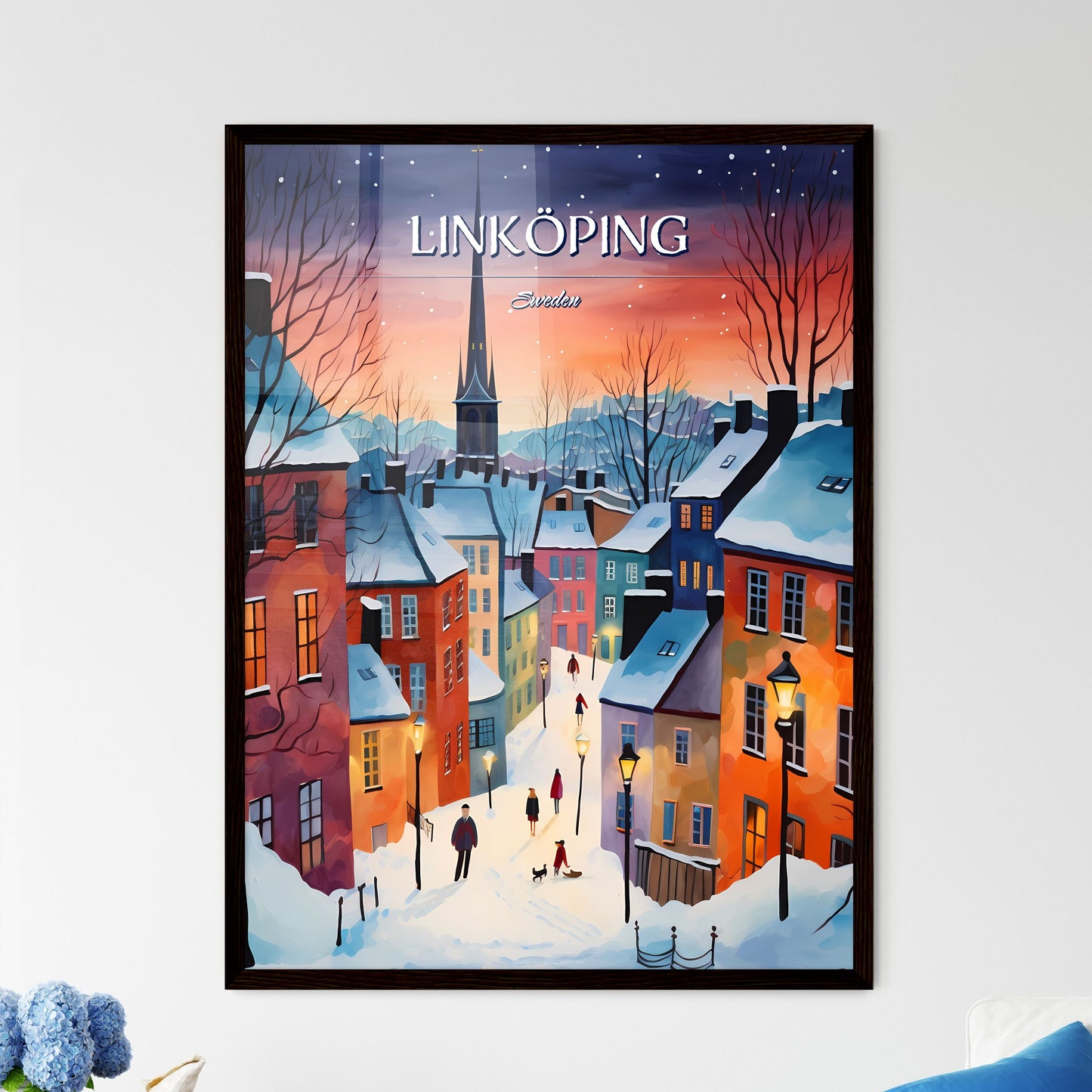 Linköping, Sweden, - Art print of a painting of a snowy city Framed Art