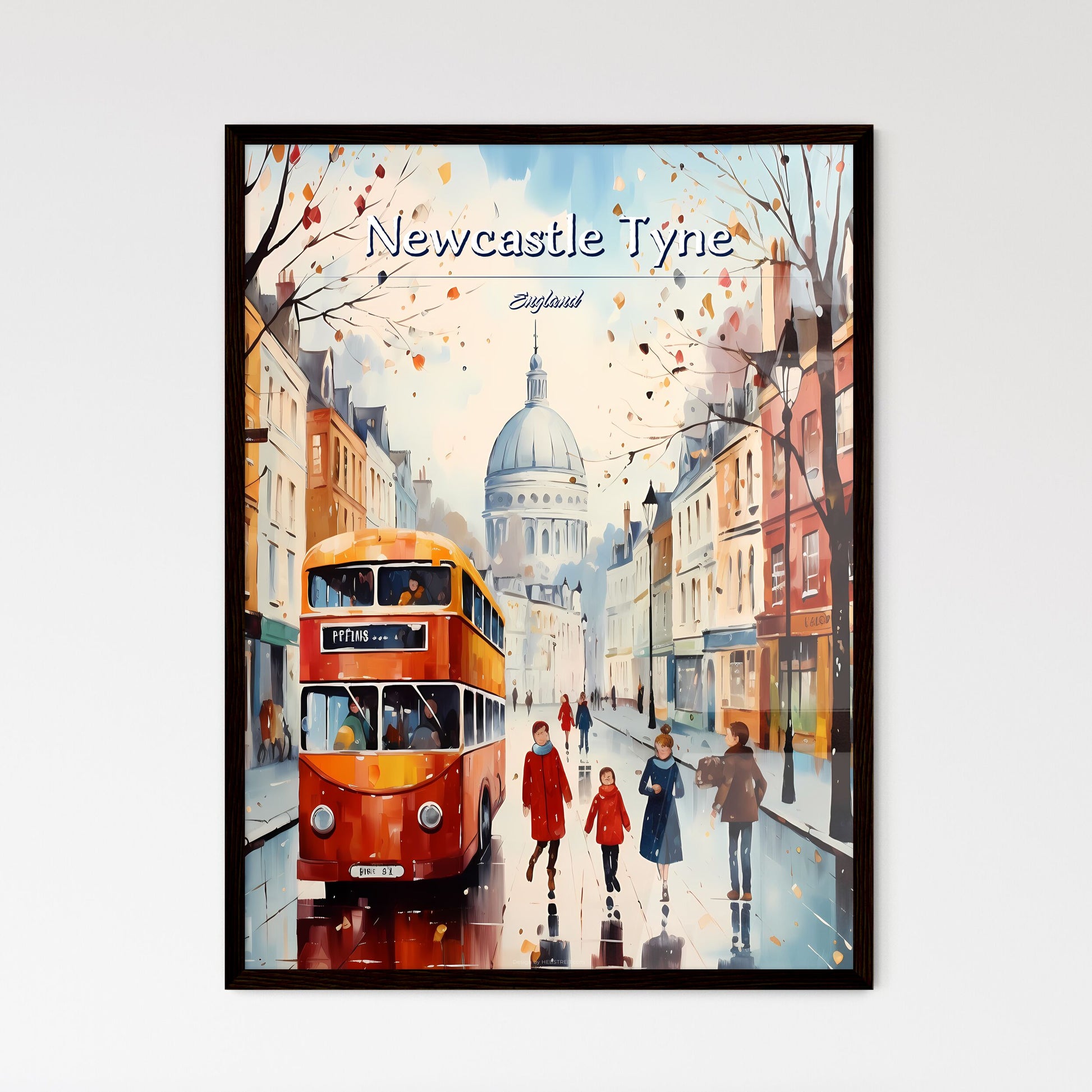 Newcastle upon Tyne, England - Art print of a painting of people walking on a street with a bus and people walking Framed Art