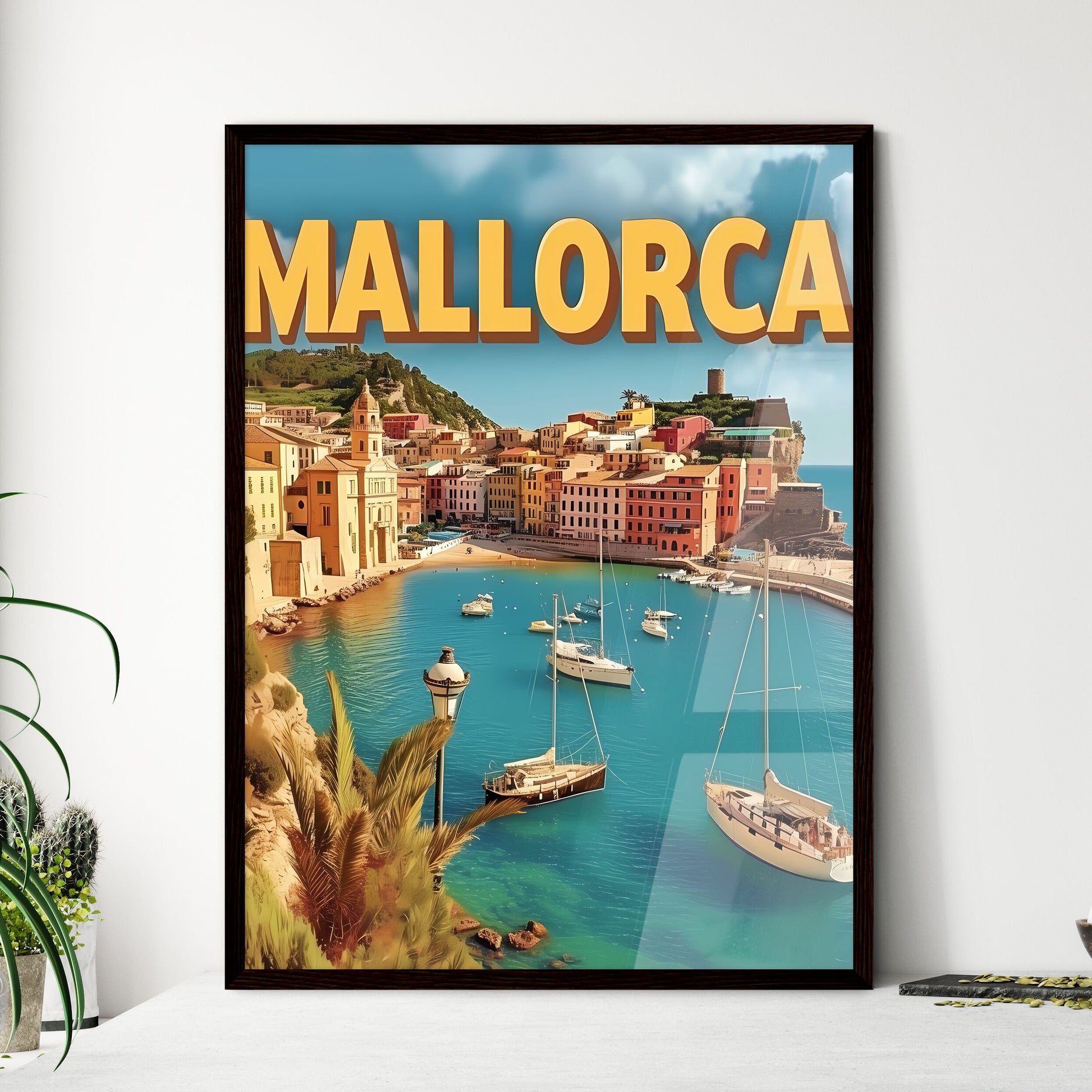 Mallorca spain poster with text MALLORCA in a beautiful matching font - Art print of a harbor with boats and buildings in the background Framed Art