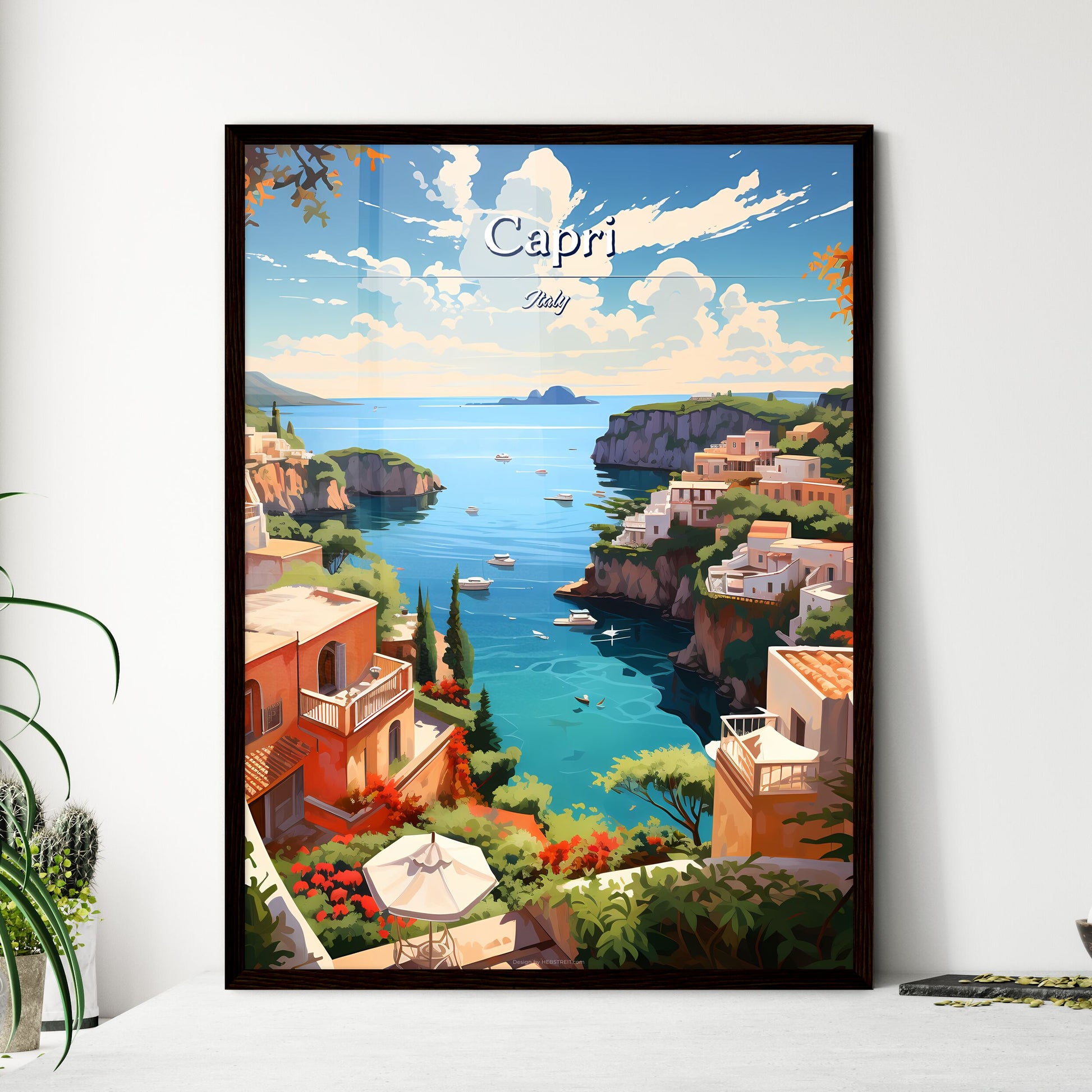 Capri, Italy - Art print of a painting of a town on a cliff above a body of water Framed Art