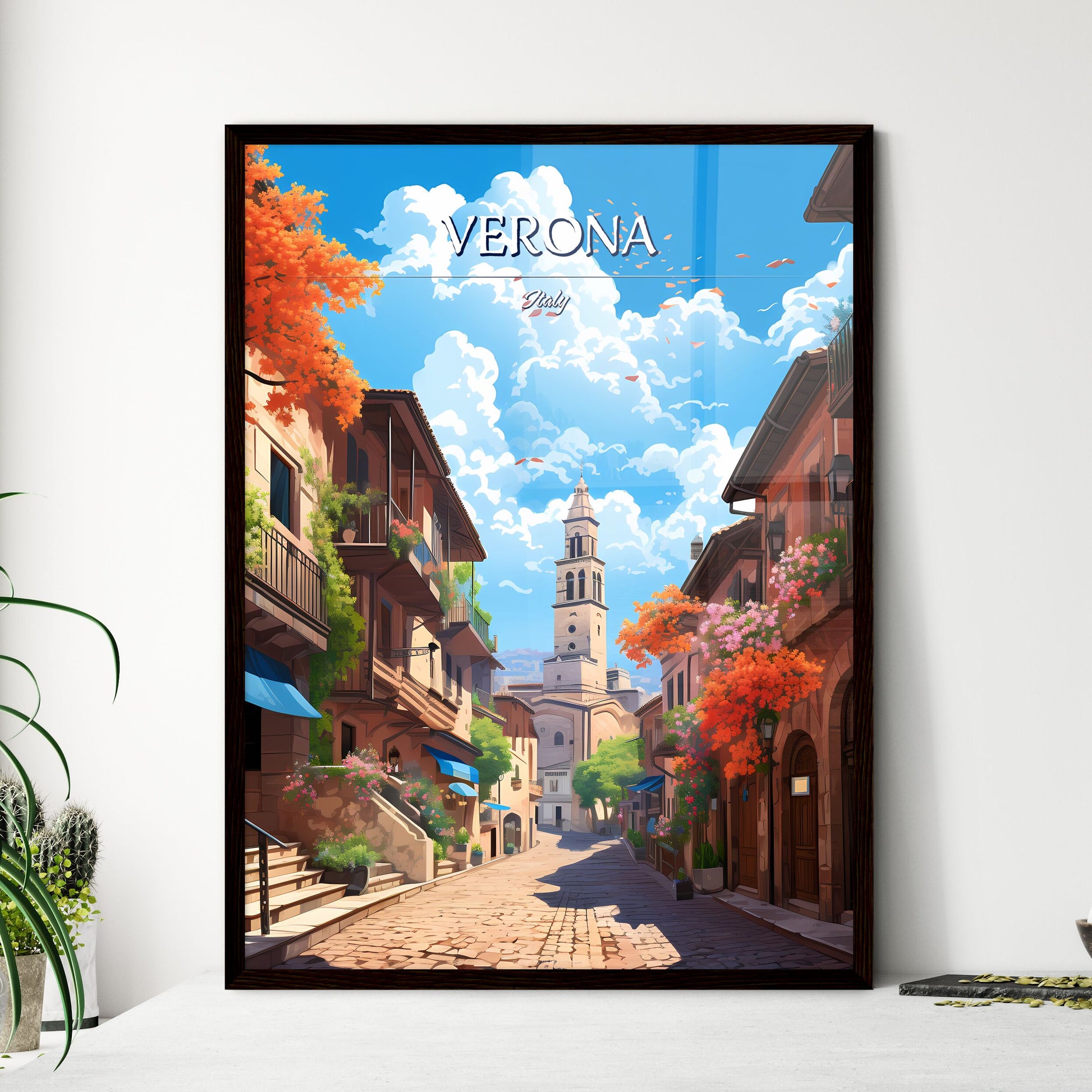 Verona, Italy - Art print of a street with buildings and a tower Framed Art