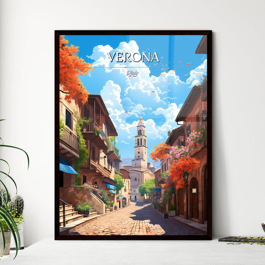 Verona, Italy - Art print of a street with buildings and a tower Framed Art
