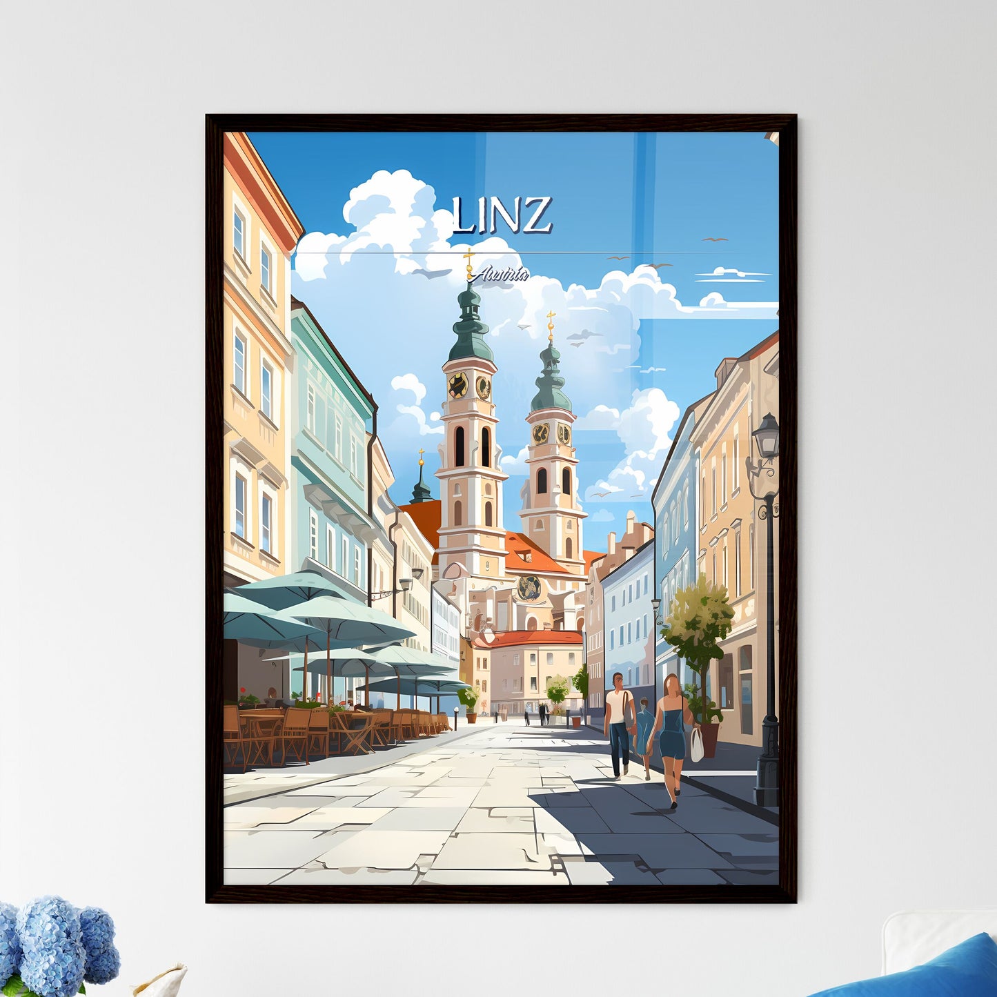 Linz, Austria - Art print of a street with a clock tower and people walking down it Framed Art