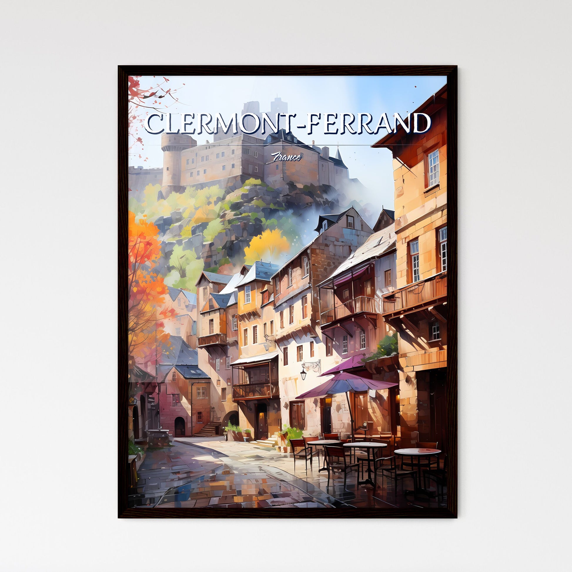 Clermont-Ferrand, France - Art print of a street with tables and chairs and a castle on the hill Framed Art