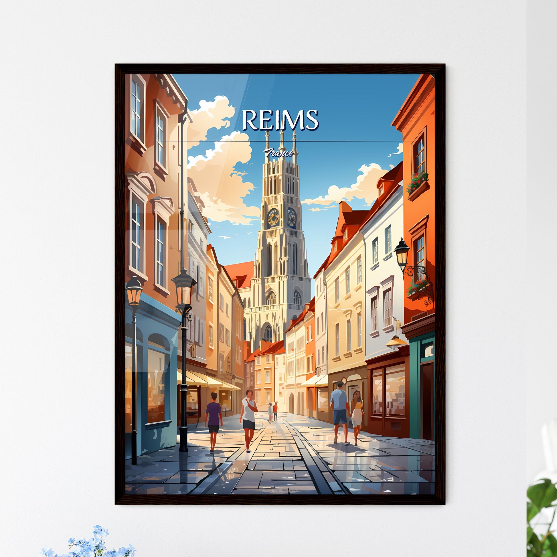Reims, France - Art print of a street with buildings and a clock tower Framed Art