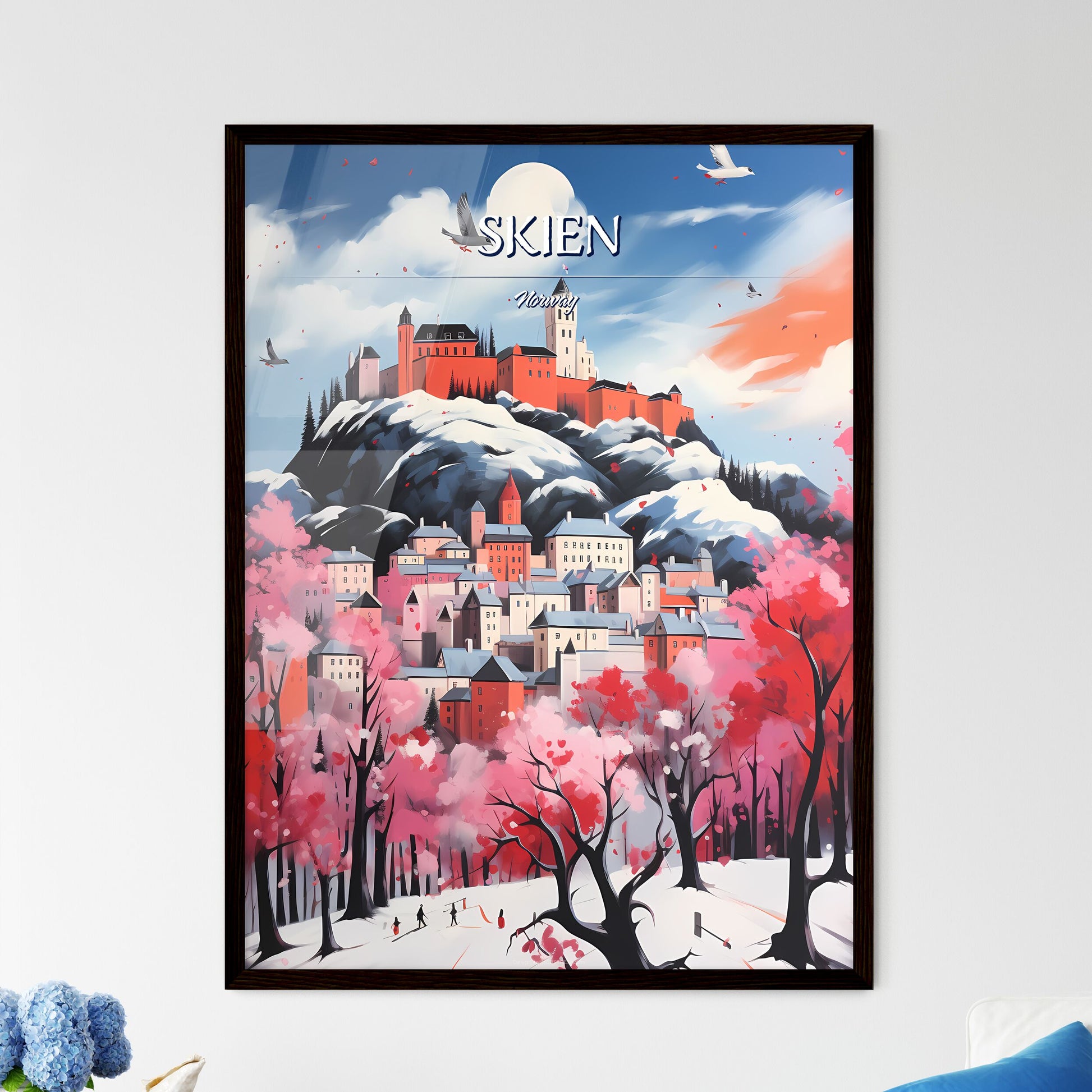 Skien, Norway - Art print of a painting of a castle on a hill with trees and a blue sky Framed Art