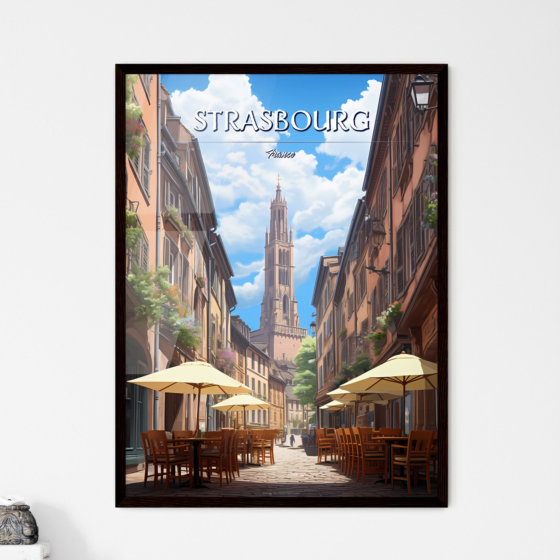 Strasbourg, France - Art print of a street with tables and umbrellas in a city Framed Art