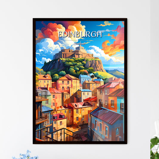 Edinburgh, Scotland - Art print of a colorful city with a castle on top of a hill Framed Art