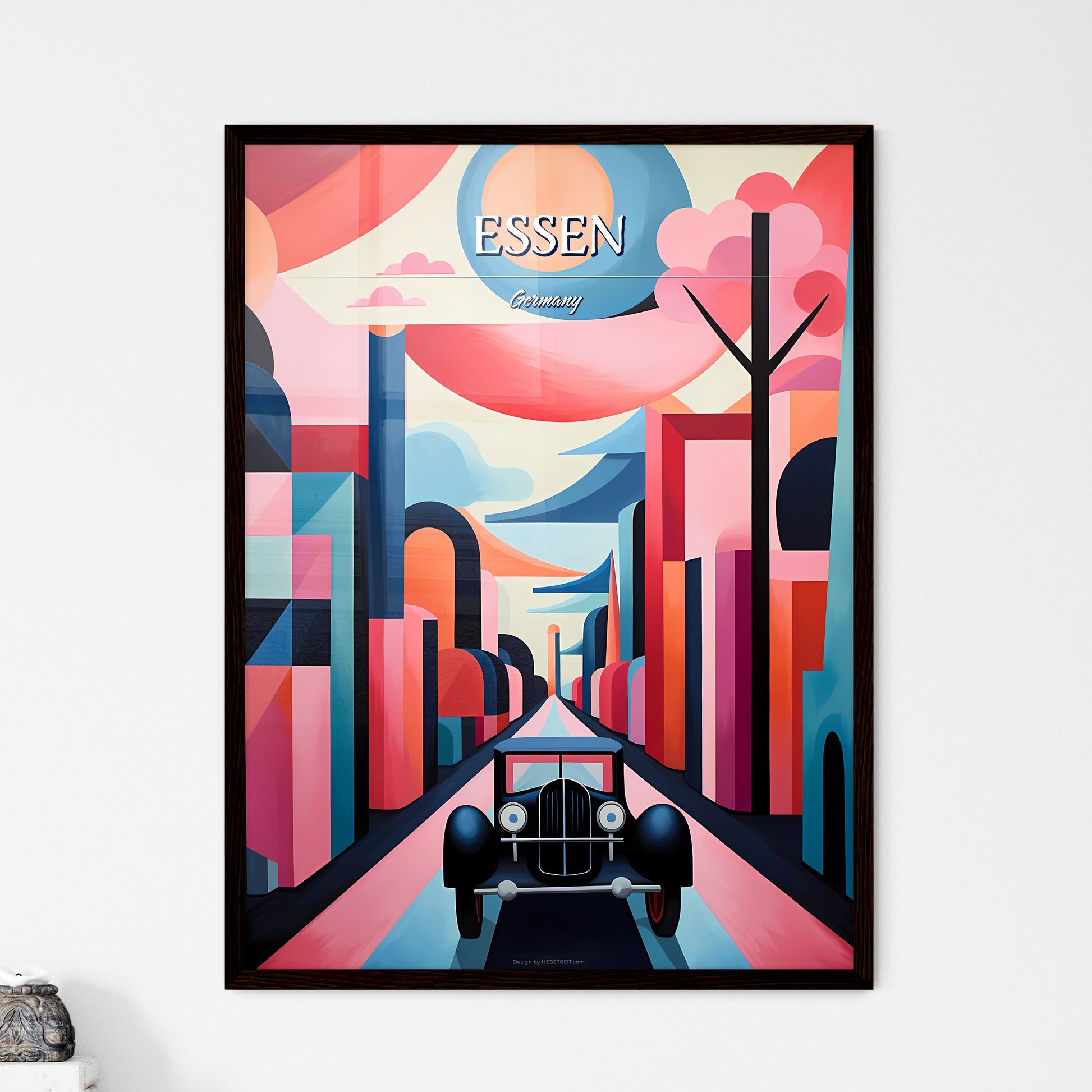 Essen, Germany - Art print of a painting of a car driving through a city Framed Art