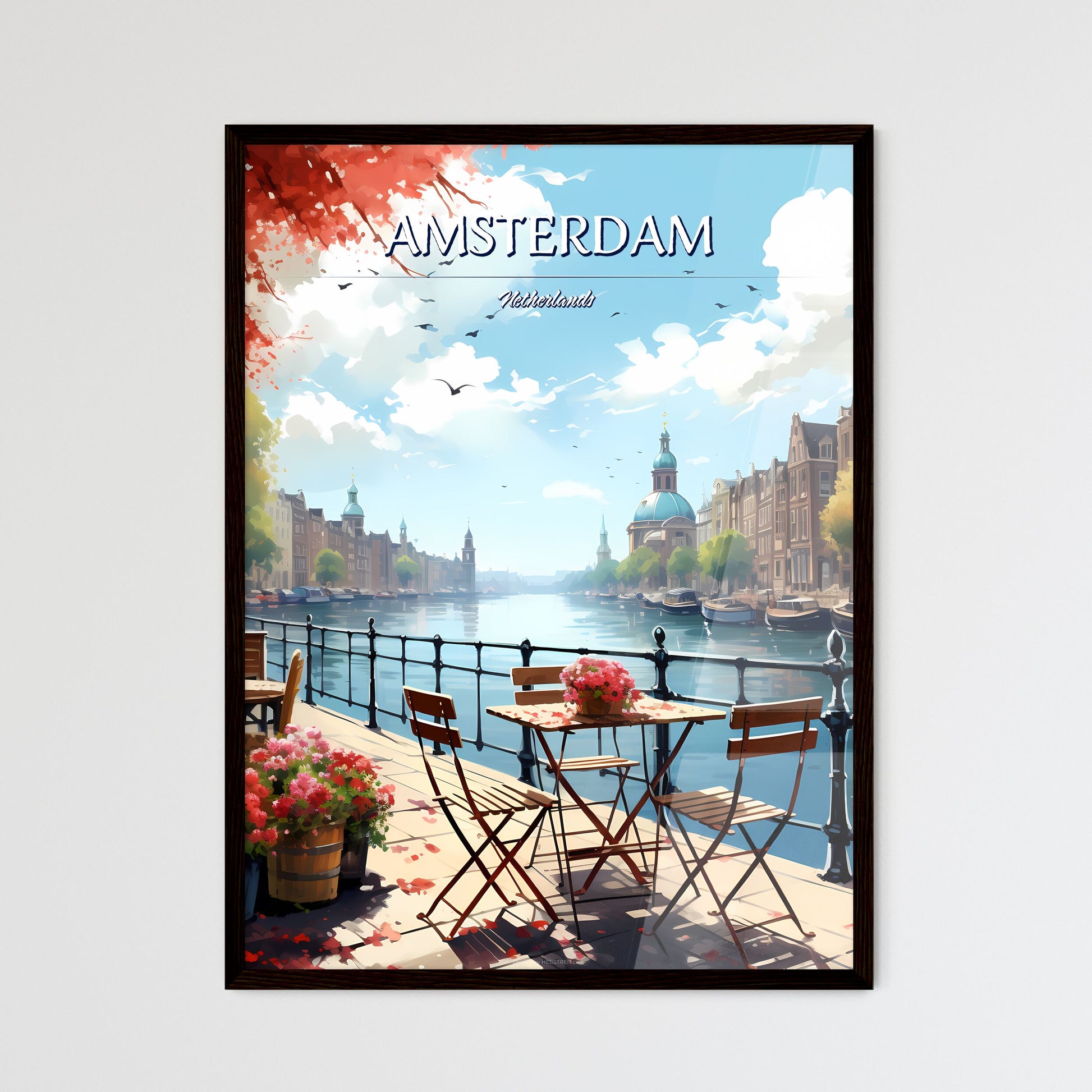 Amsterdam, Netherlands - Art print of a river with tables and chairs on it Framed Art