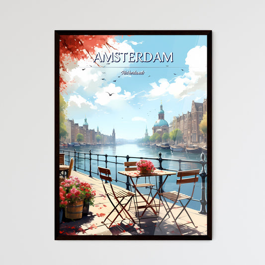 Amsterdam, Netherlands - Art print of a river with tables and chairs on it Framed Art