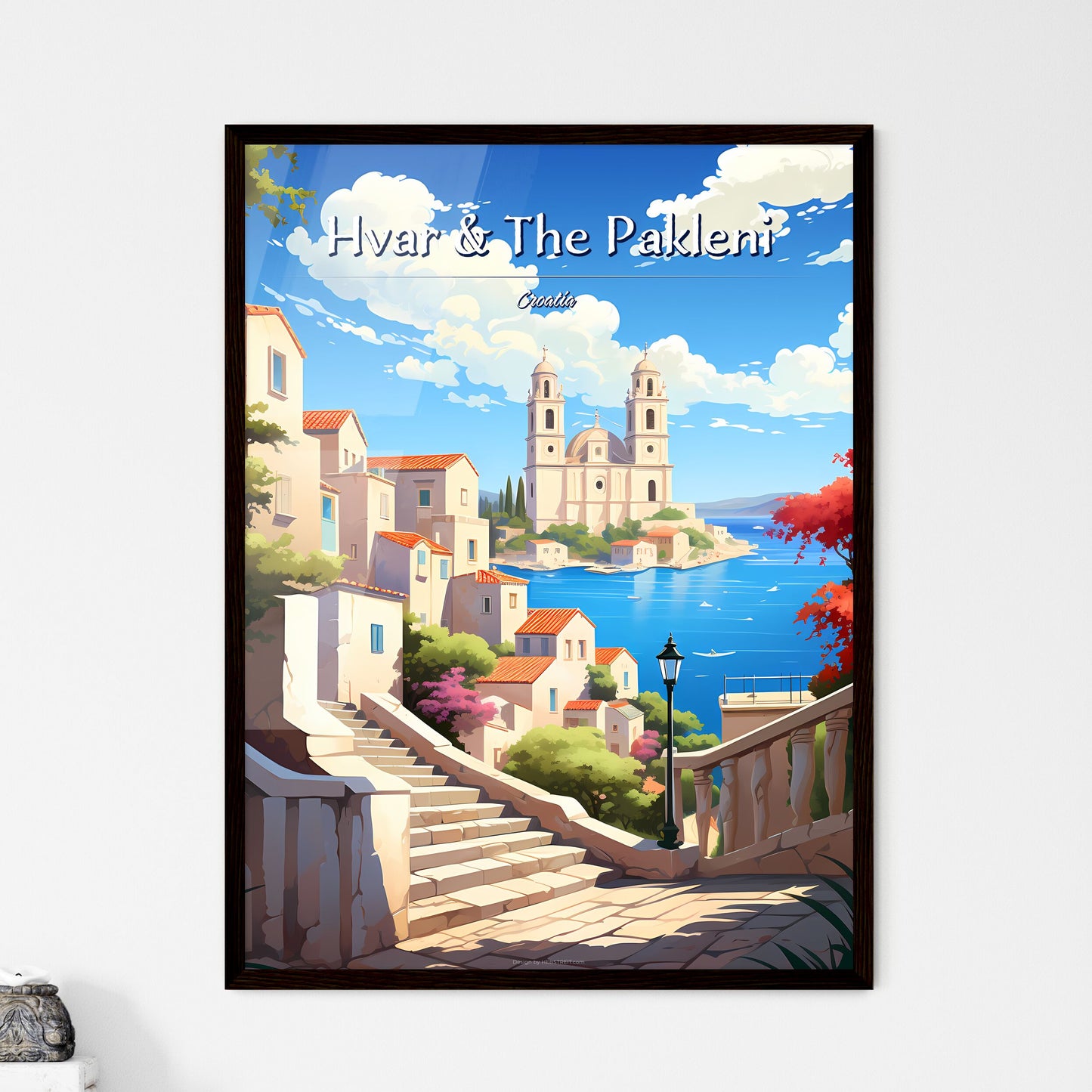 Hvar & The Pakleni Islands, Croatia - Art print of a stairway leading to a town with a church and water Framed Art