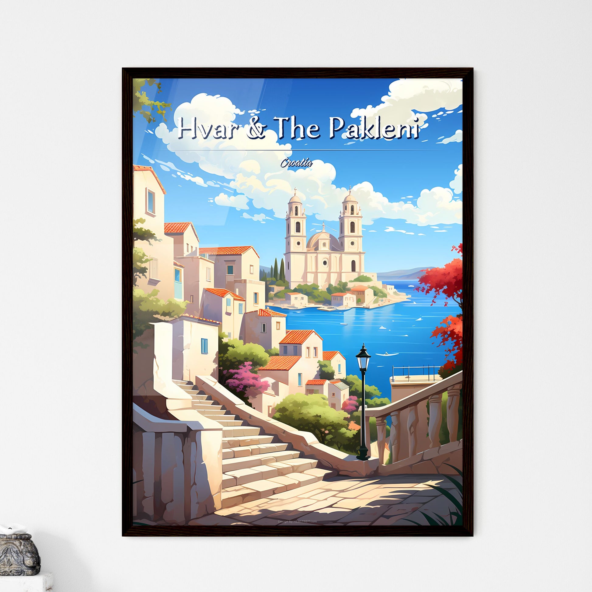 Hvar & The Pakleni Islands, Croatia - Art print of a stairway leading to a town with a church and water Framed Art