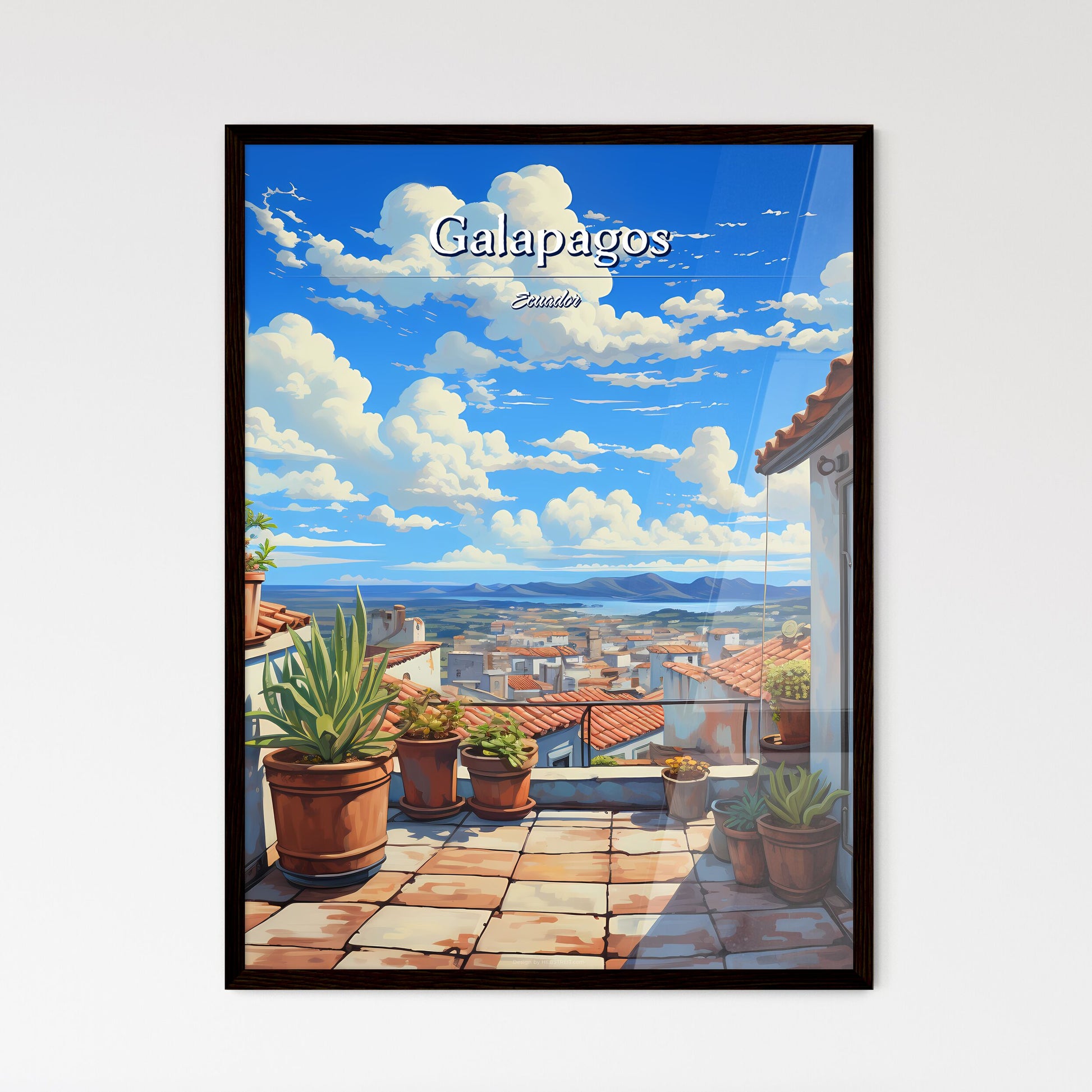 On the roofs of Galapagos, Ecuador - Art print of a rooftop with potted plants and a city in the background Framed Art