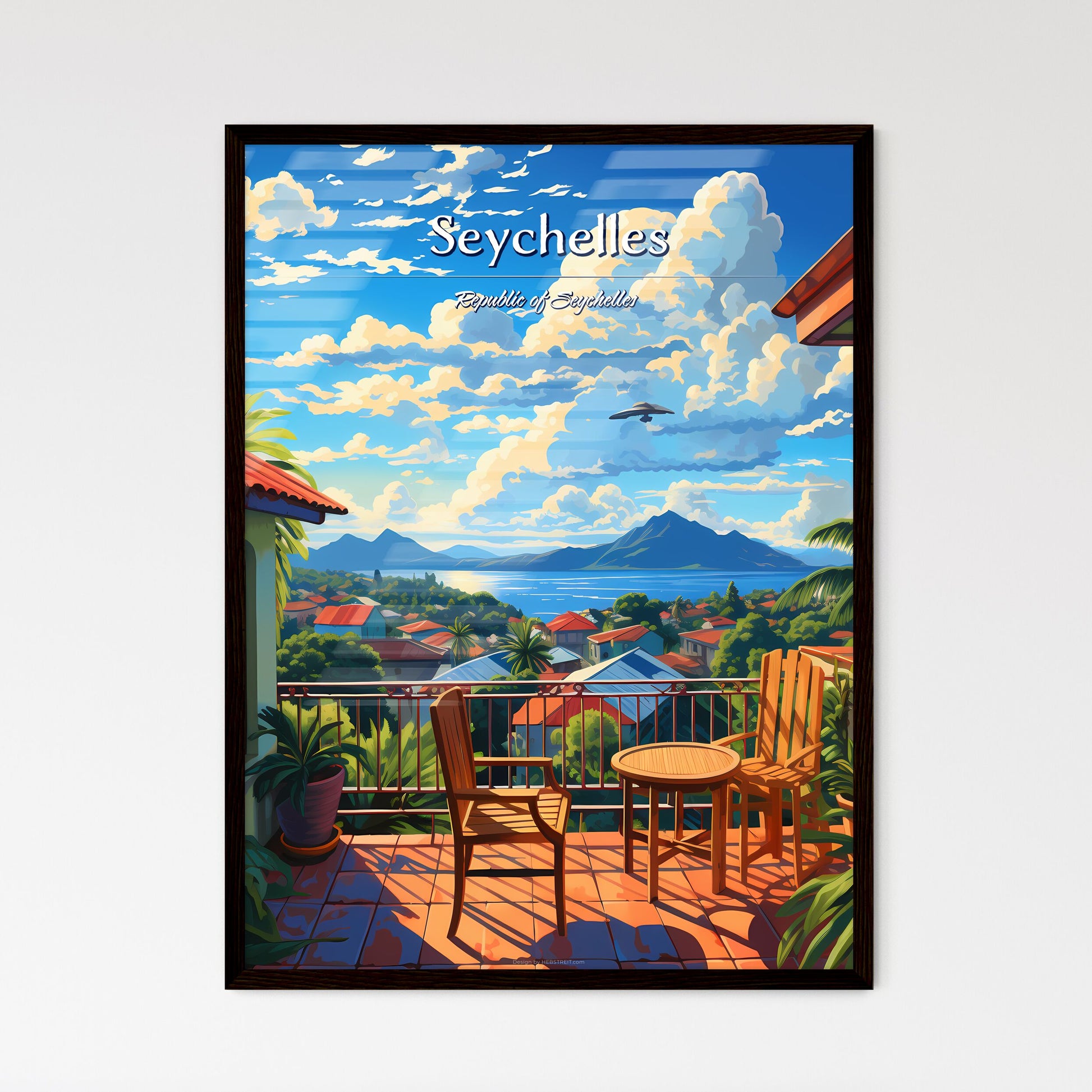 On the roofs of Seychelles, Republic of Seychelles - Art print of a balcony with chairs and a view of a city and mountains Framed Art