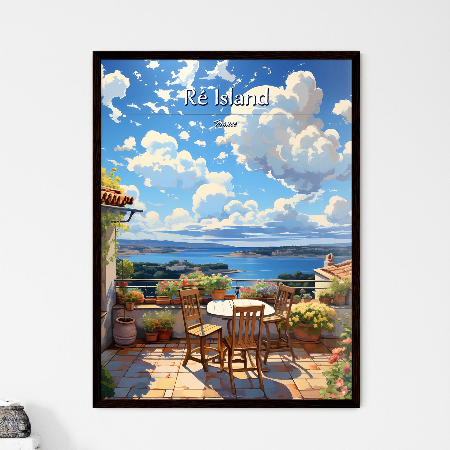 On the roofs of Ré Island, France - Art print of a table and chairs on a balcony overlooking a body of water Framed Art