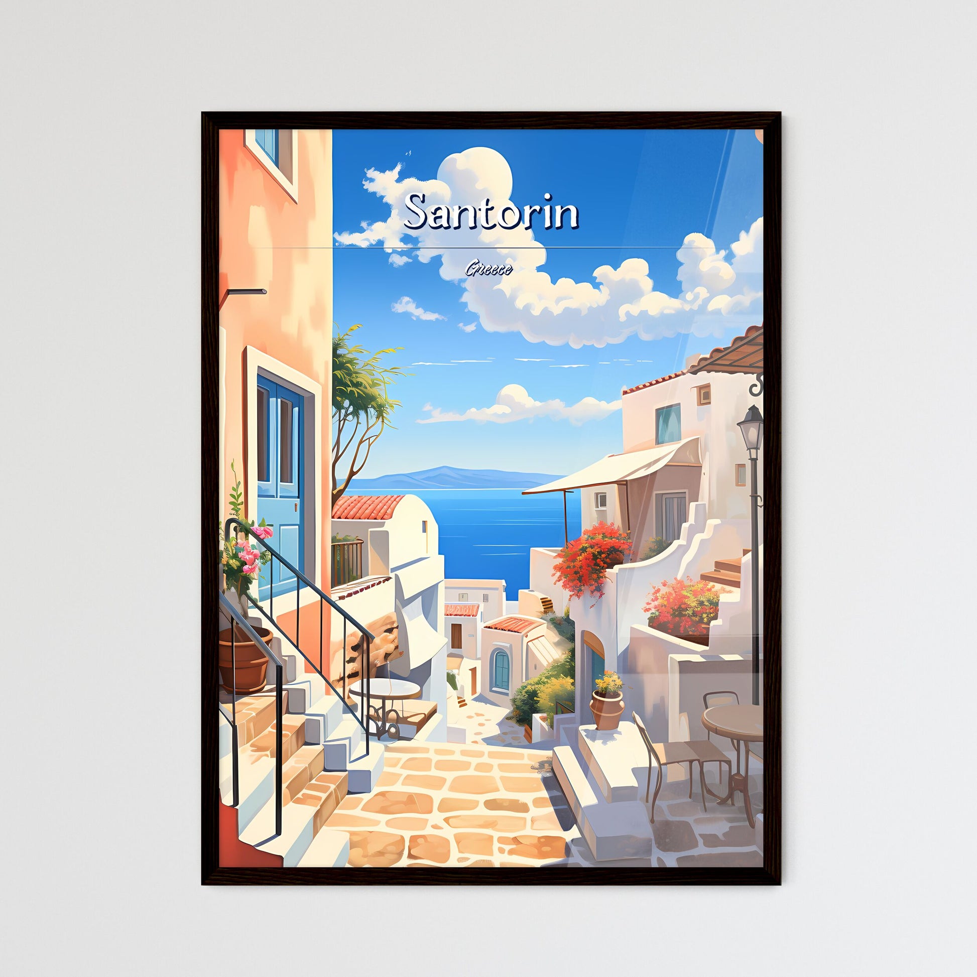 Santorin, Greece - Art print of a street with stairs and tables and chairs and a view of the ocean Framed Art