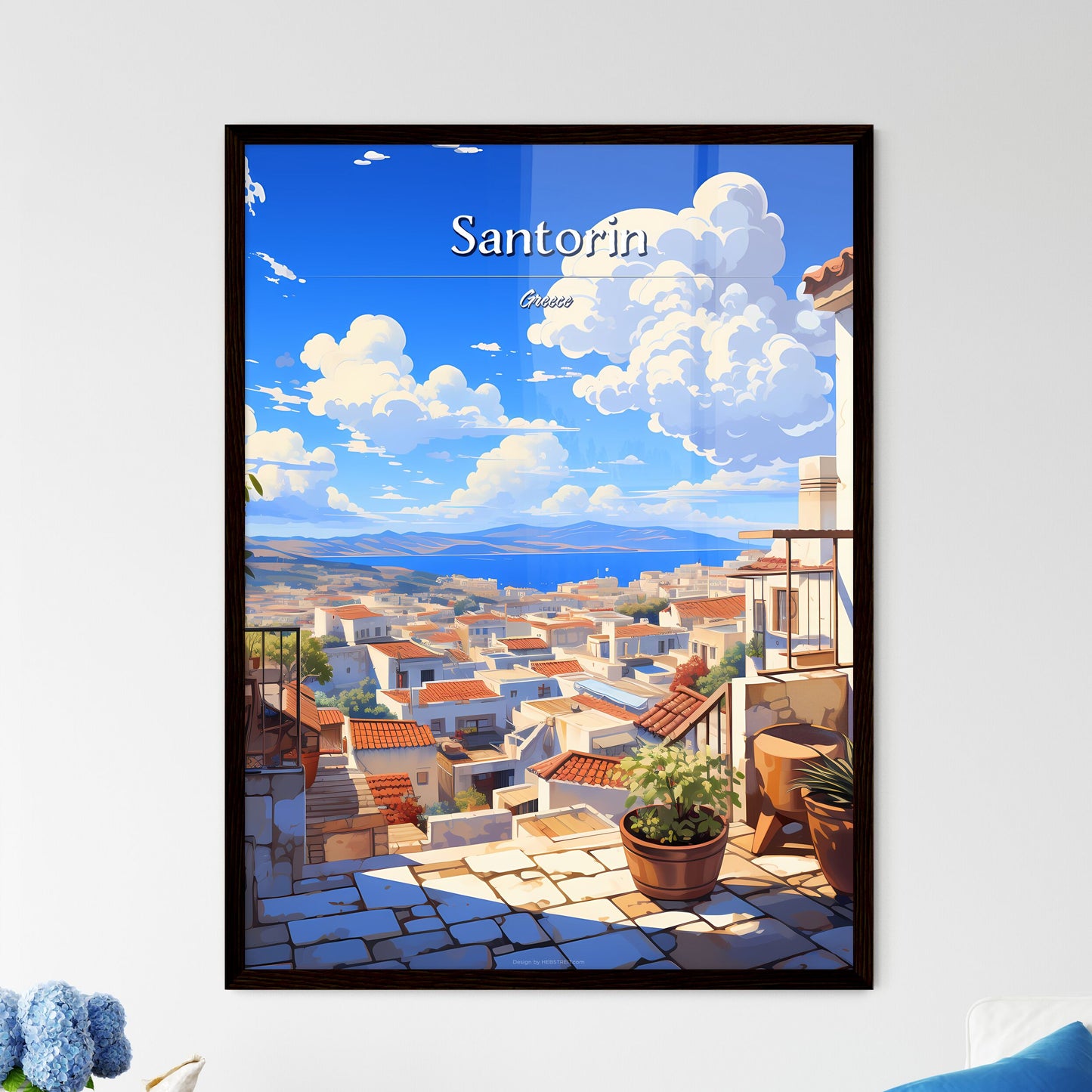 On the roofs of Santorin, Greece - Art print of a view of a city from a balcony Framed Art