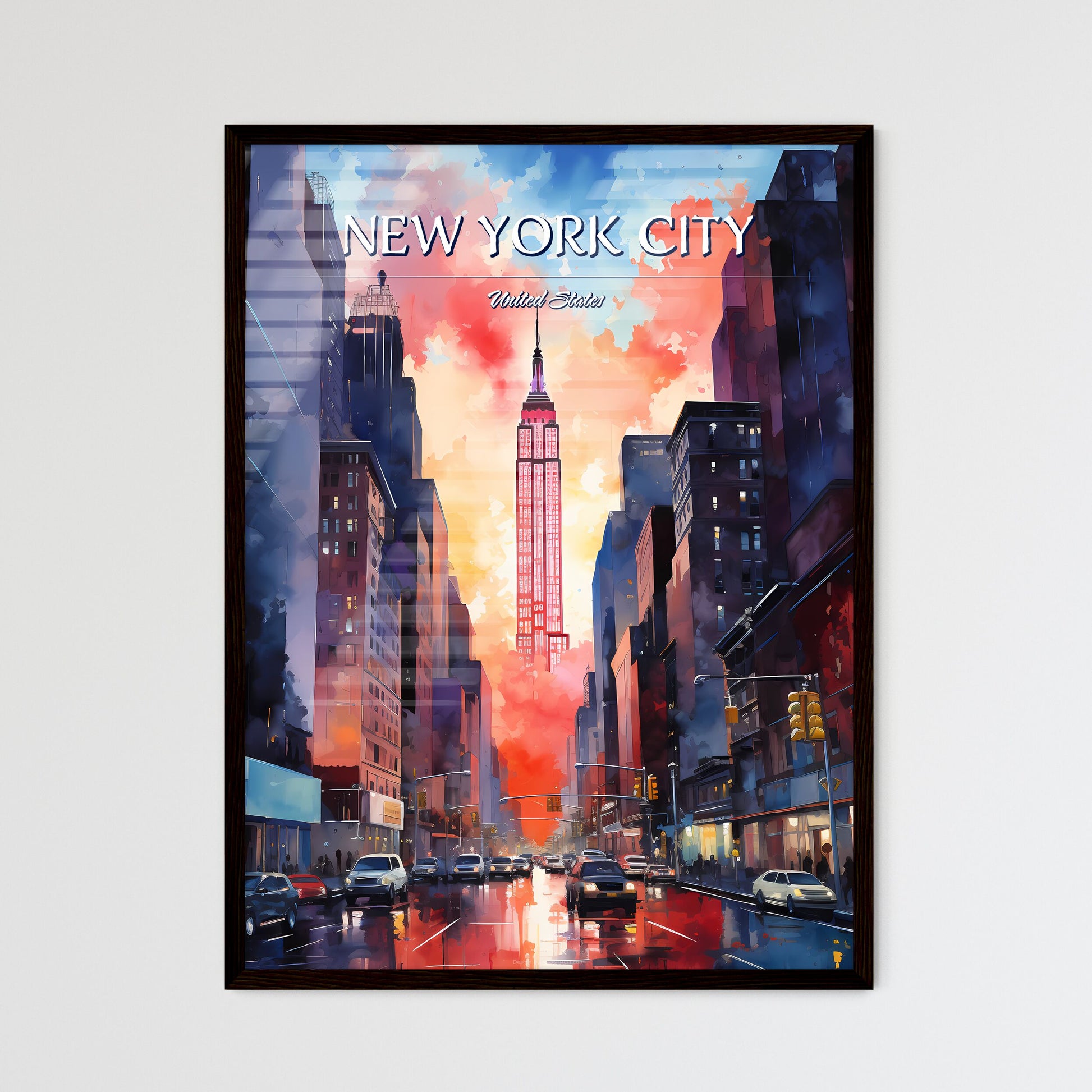 New York City - Art print of a city street with cars and a tall tower Framed Art