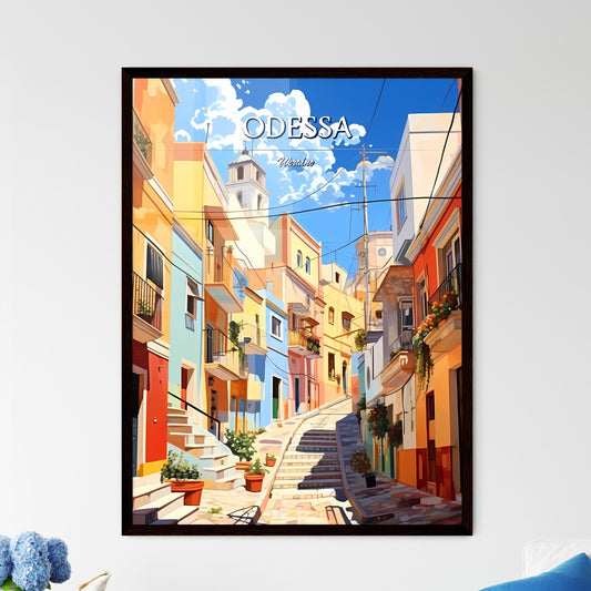 Odessa, Ukraine - Art print of a colorful buildings on a street Framed Art