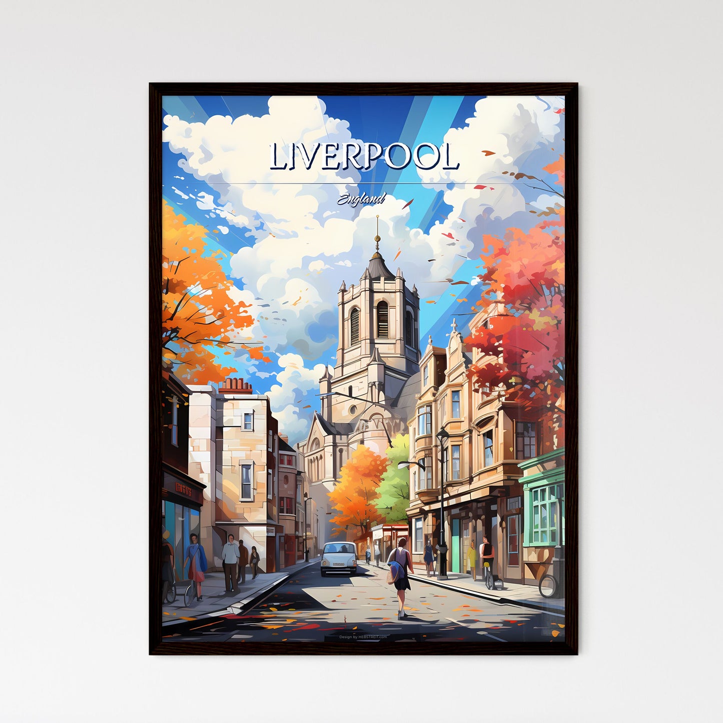 Liverpool - Art print of a street with buildings and people walking on it Framed Art