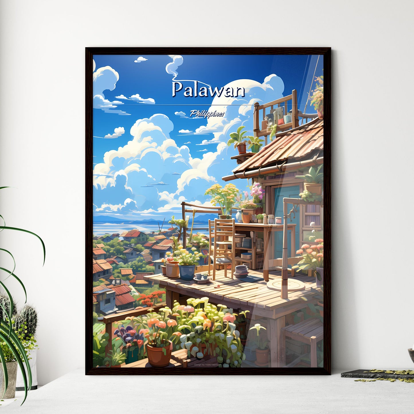 On the roofs of Palawan, Philippines - Art print of a house with flowers and plants on the roof Framed Art