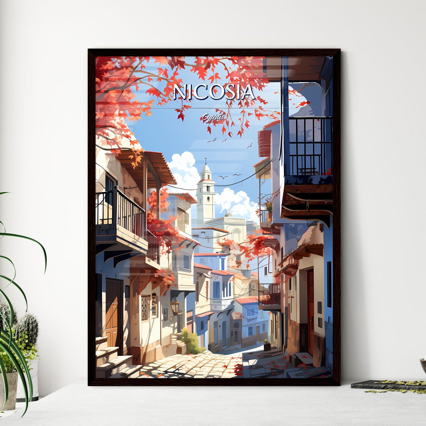 Nicosia, Cyprus - Art print of a street with buildings and trees Framed Art