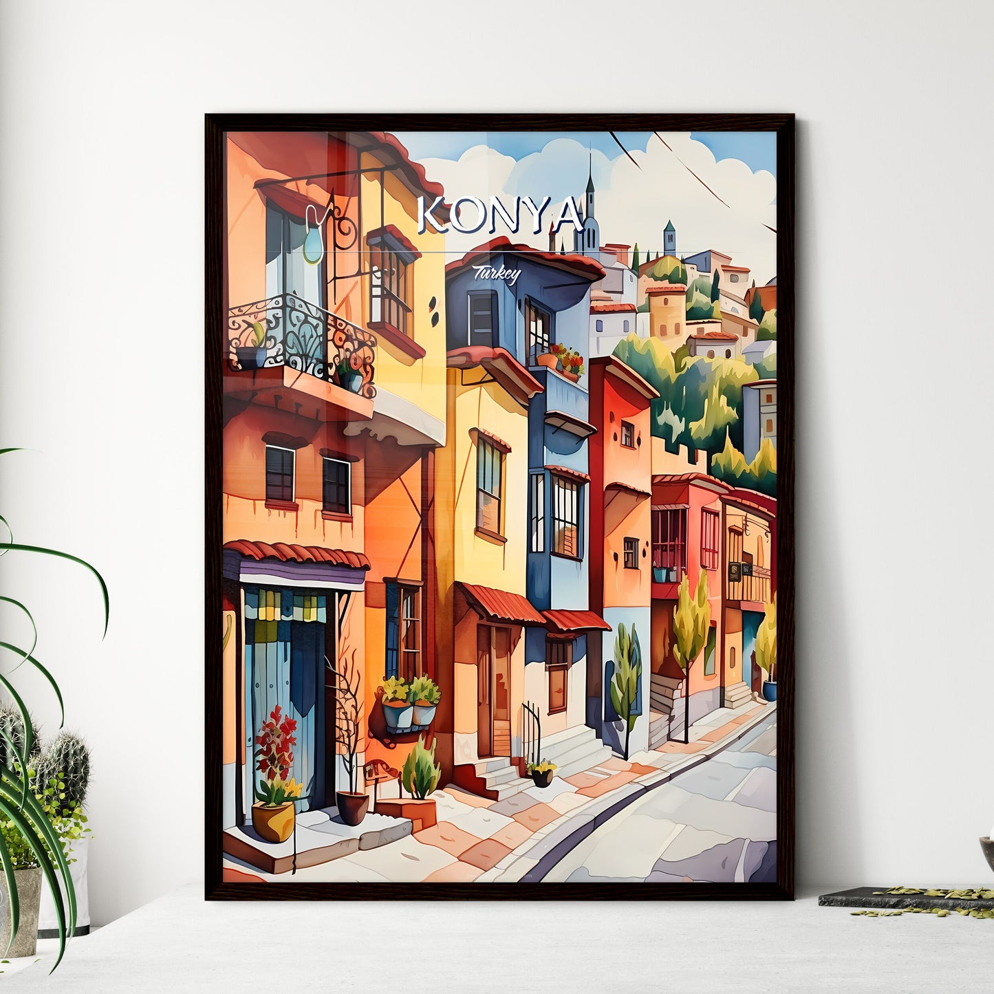 Konya, Turkey - Art print of a painting of a street with colorful buildings Framed Art