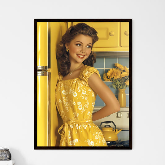 A young woman cleaning a stain off her apron - Art print of a woman in a yellow dress Default Title