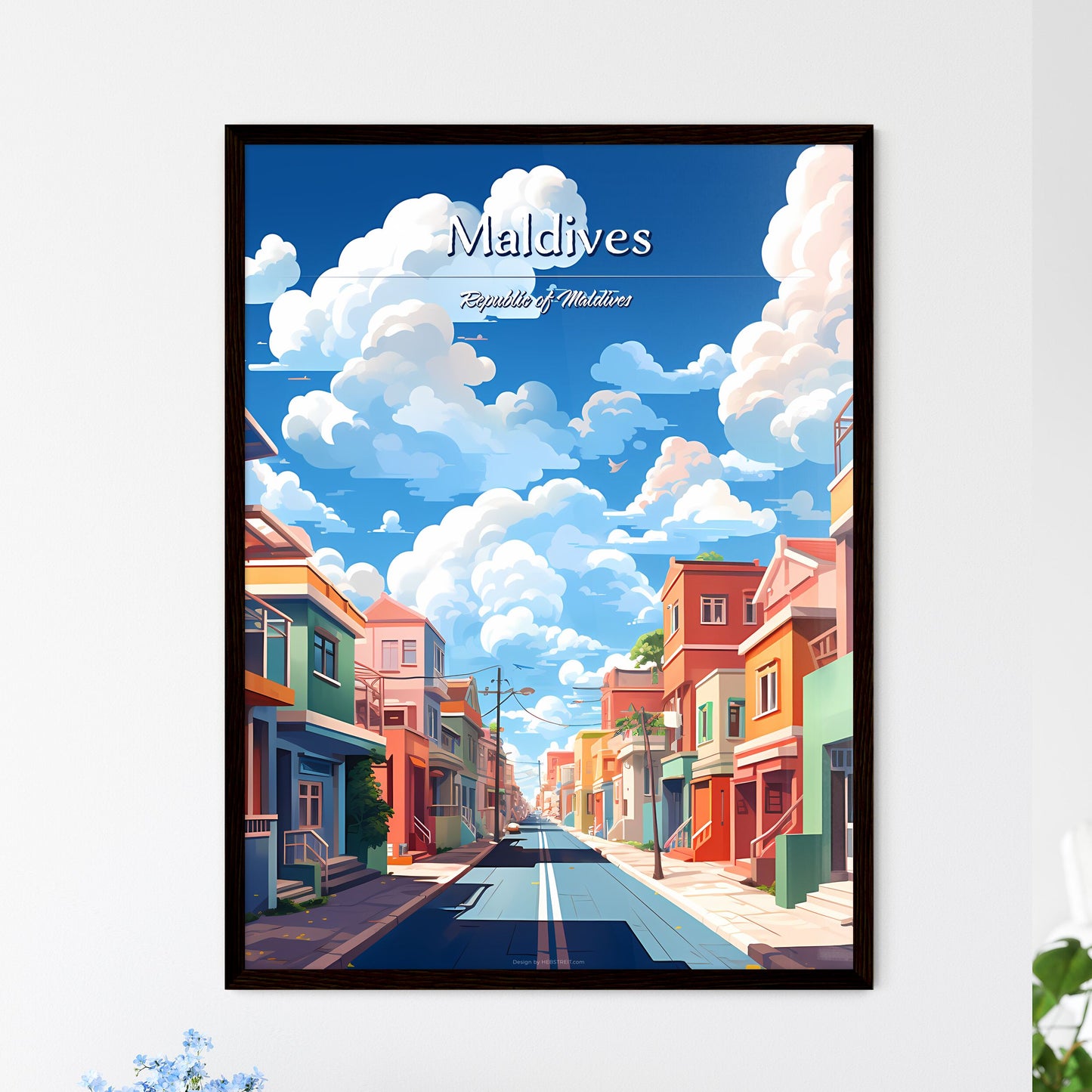 Maldives, Republic of Maldives - Art print of a street with colorful buildings and clouds in the sky Framed Art
