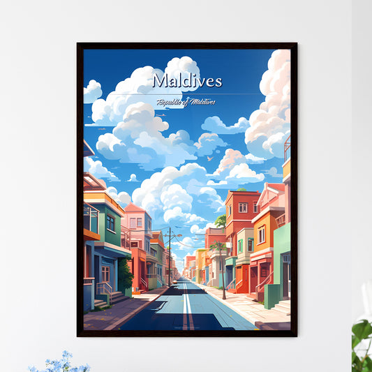 Maldives, Republic of Maldives - Art print of a street with colorful buildings and clouds in the sky Framed Art