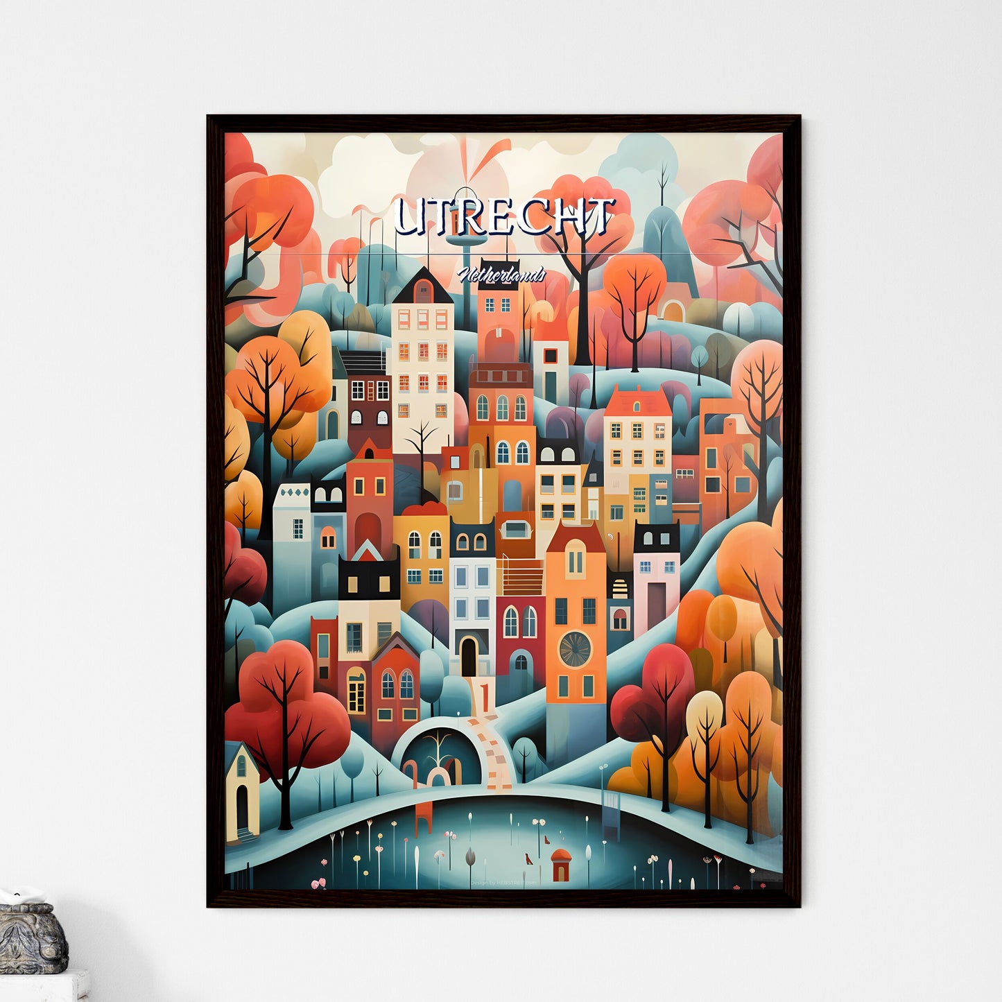 Utrecht, Netherlands - Art print of a painting of a city with trees and a bridge Framed Art