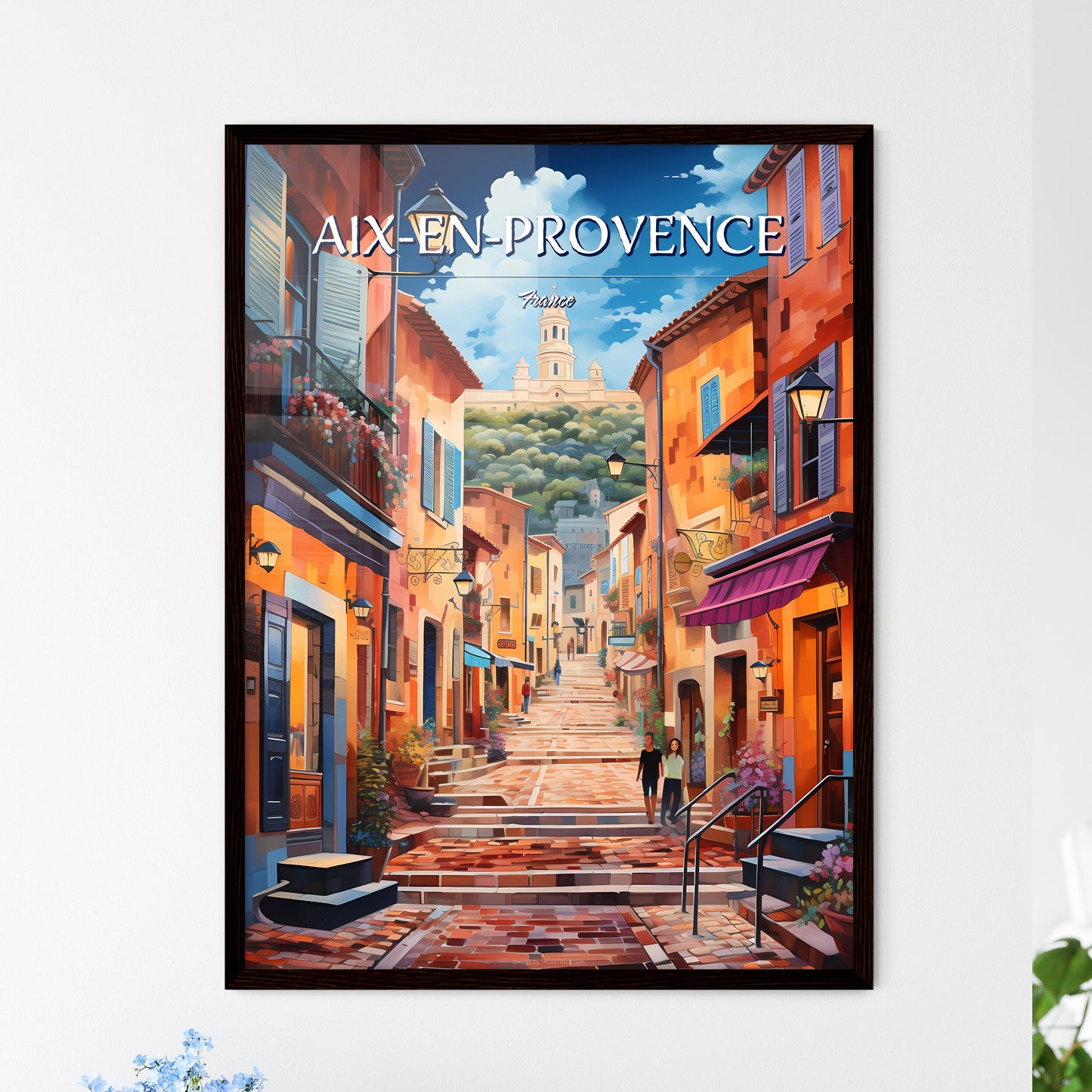 Aix-en-Provence, France - Art print of a street with buildings and a building in the background Framed Art