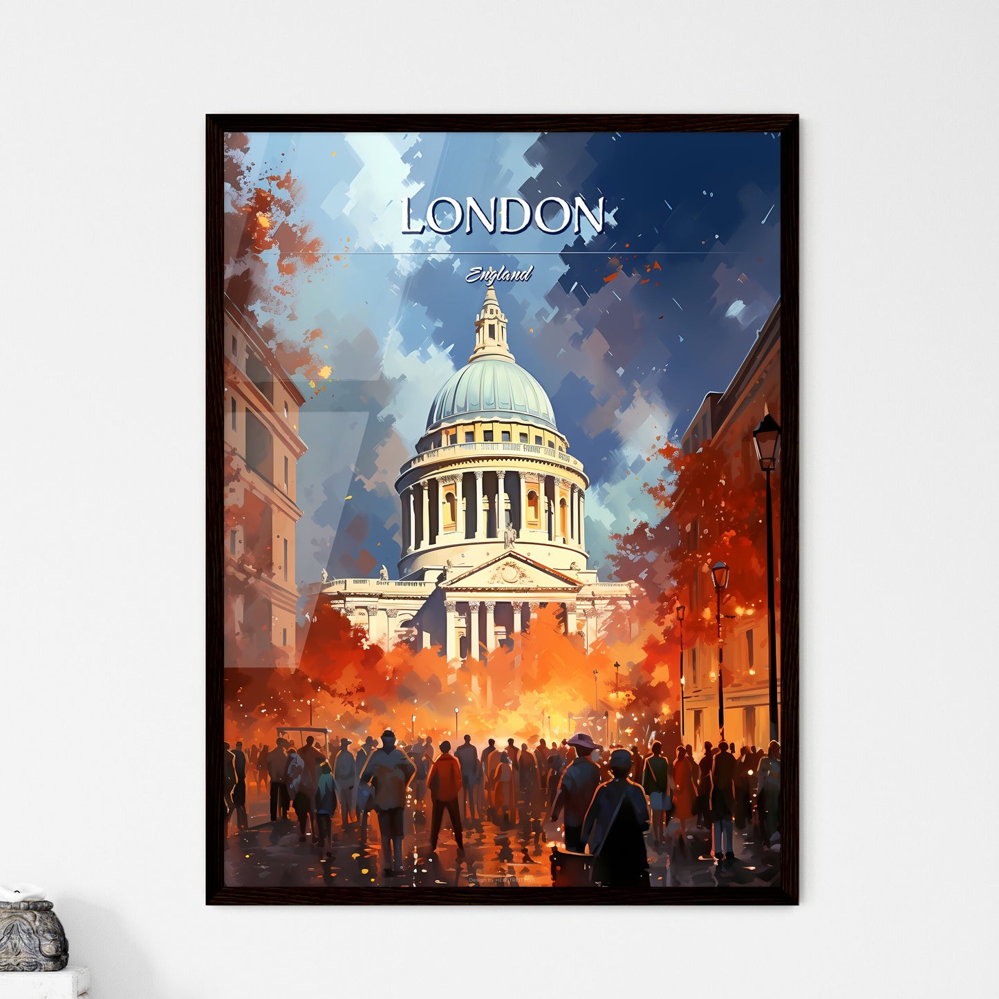 London, England - Art print of a group of people walking in front of a large building Framed Art
