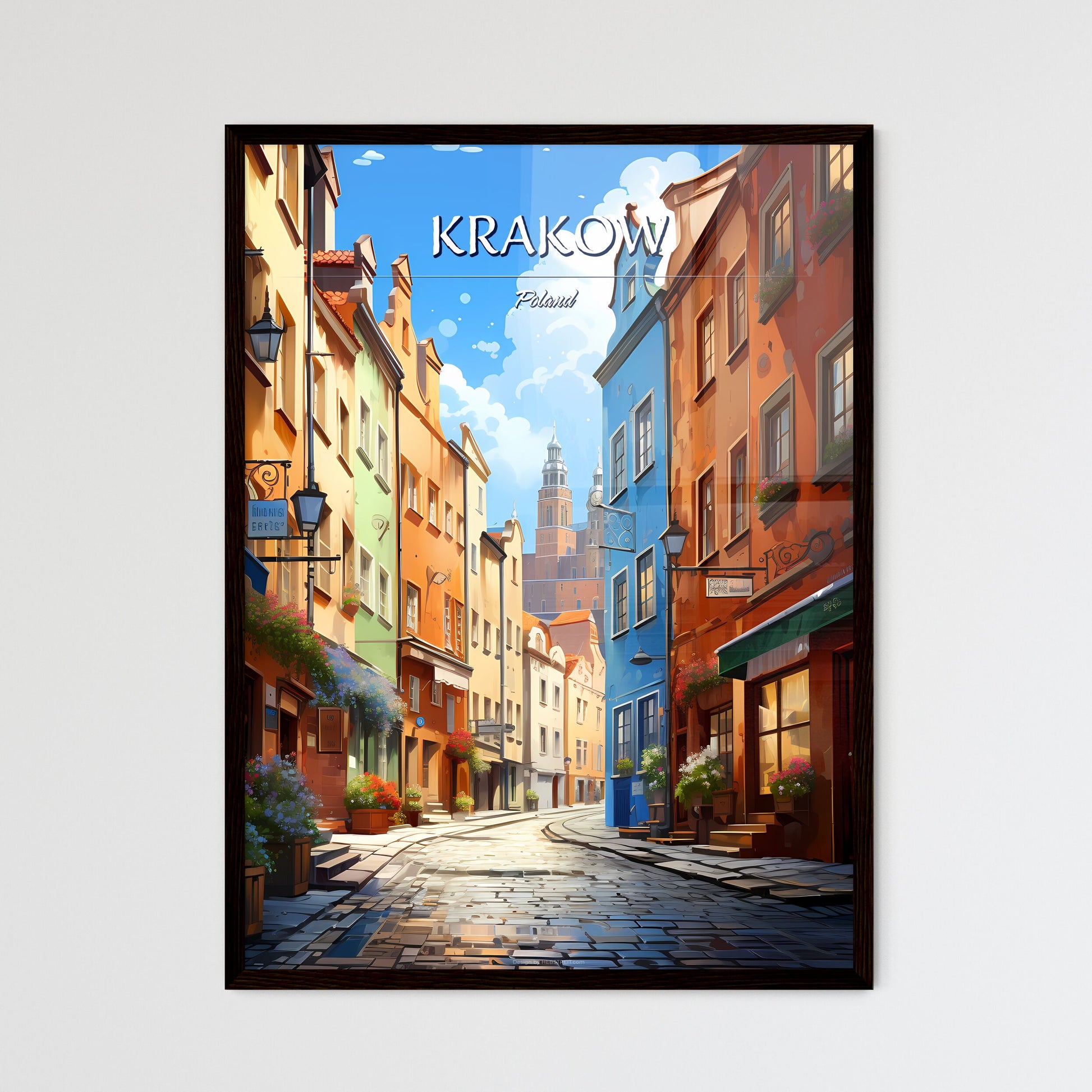 Krakow, Poland - Art print of a street with buildings and a tower in the background Framed Art