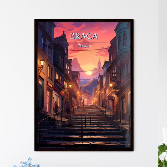 Braga, Portugal - Art print of a street with stairs and buildings Framed Art